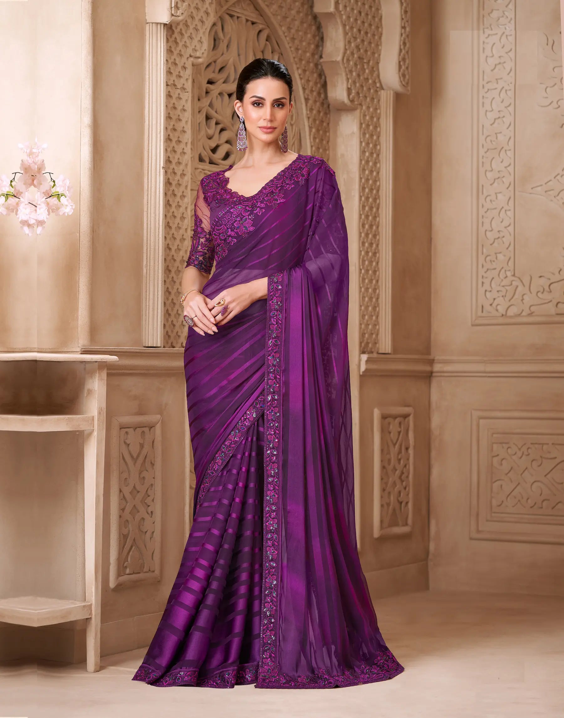 Mulberry Pattern Georgette Embroidery Party Wear Saree - qivii