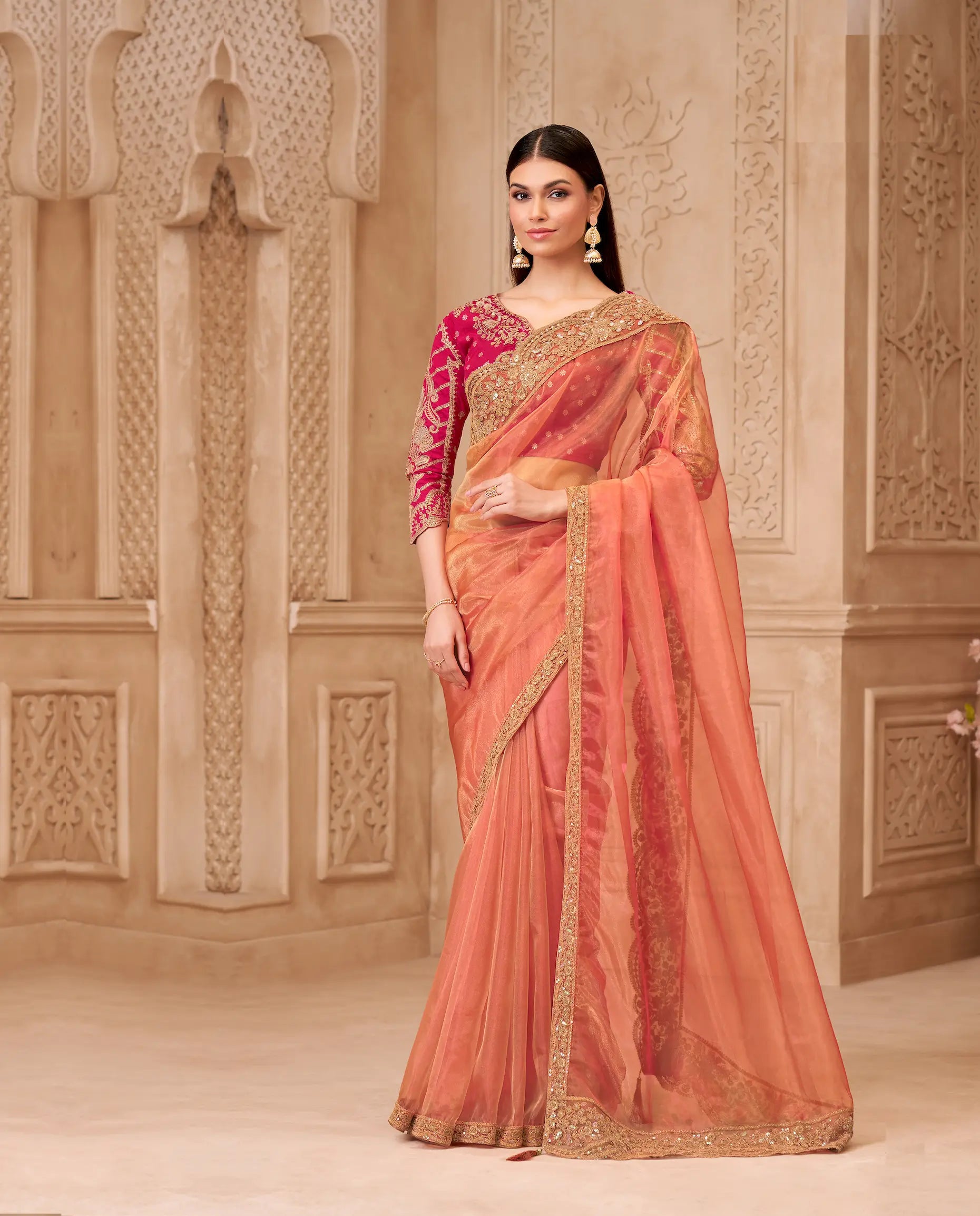 Peach Sparkle Georgette Embroidery Party Wear Saree - qivii