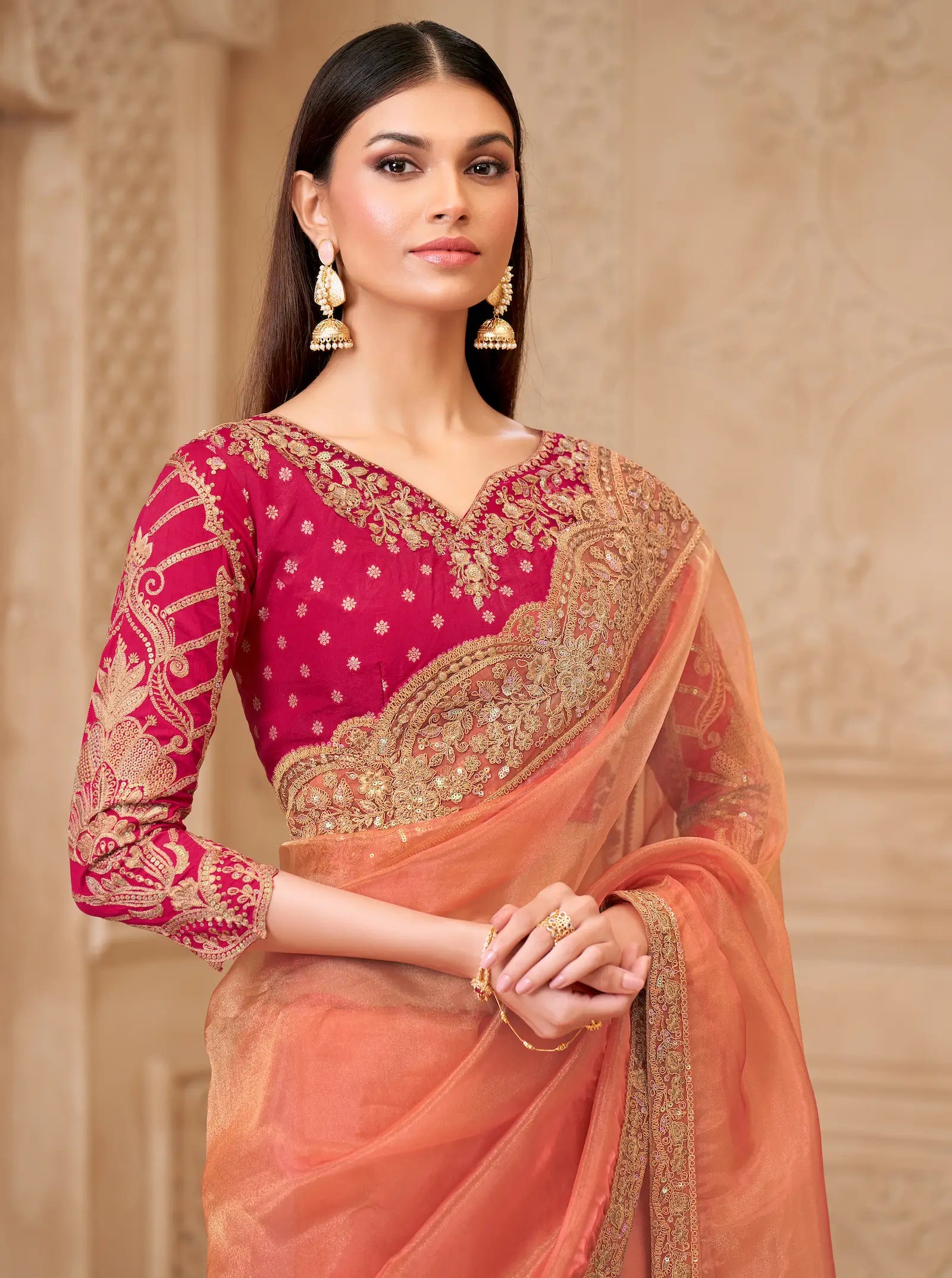 Peach Sparkle Georgette Embroidery Party Wear Saree - qivii