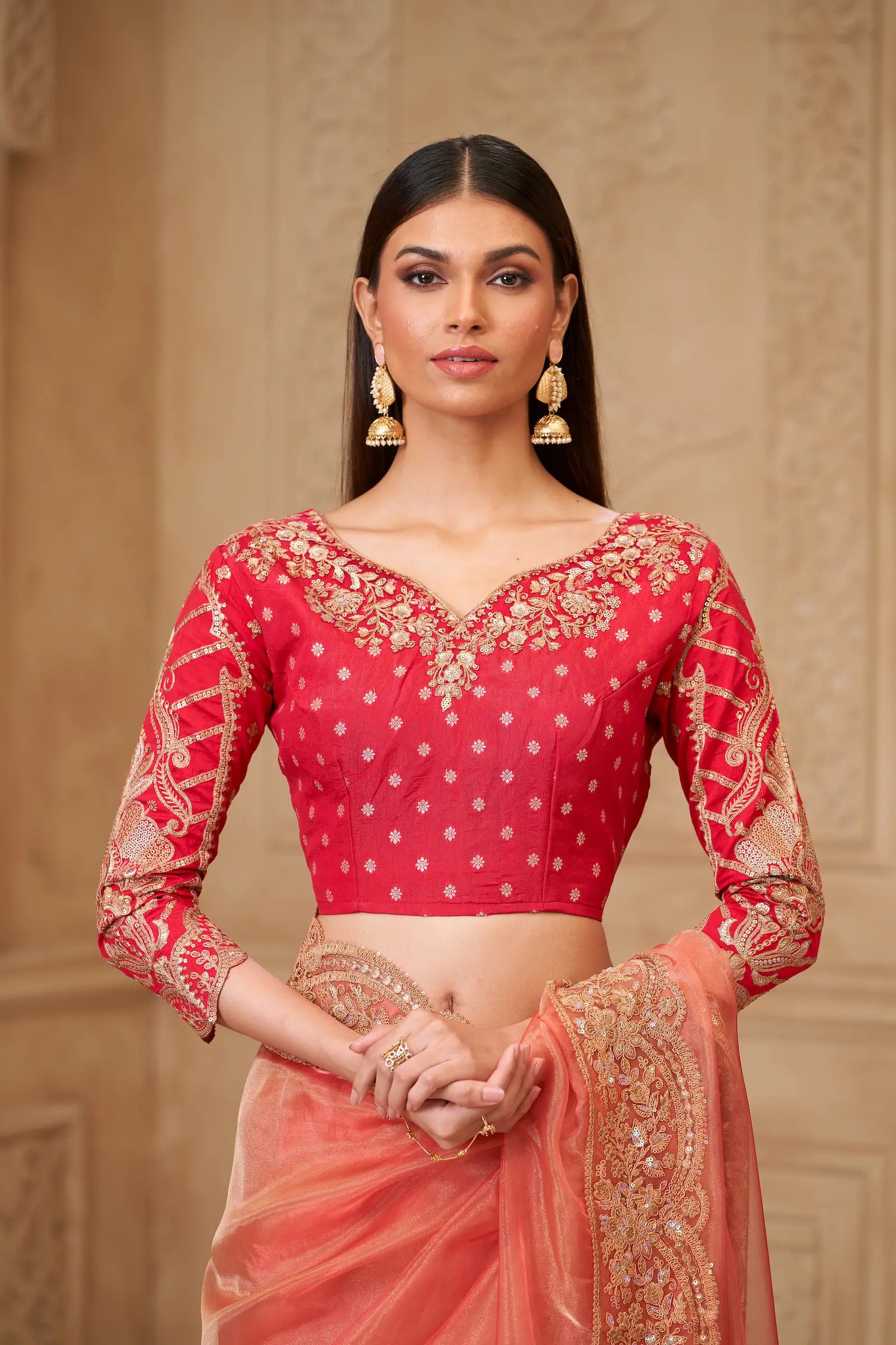 Peach Sparkle Georgette Embroidery Party Wear Saree - qivii