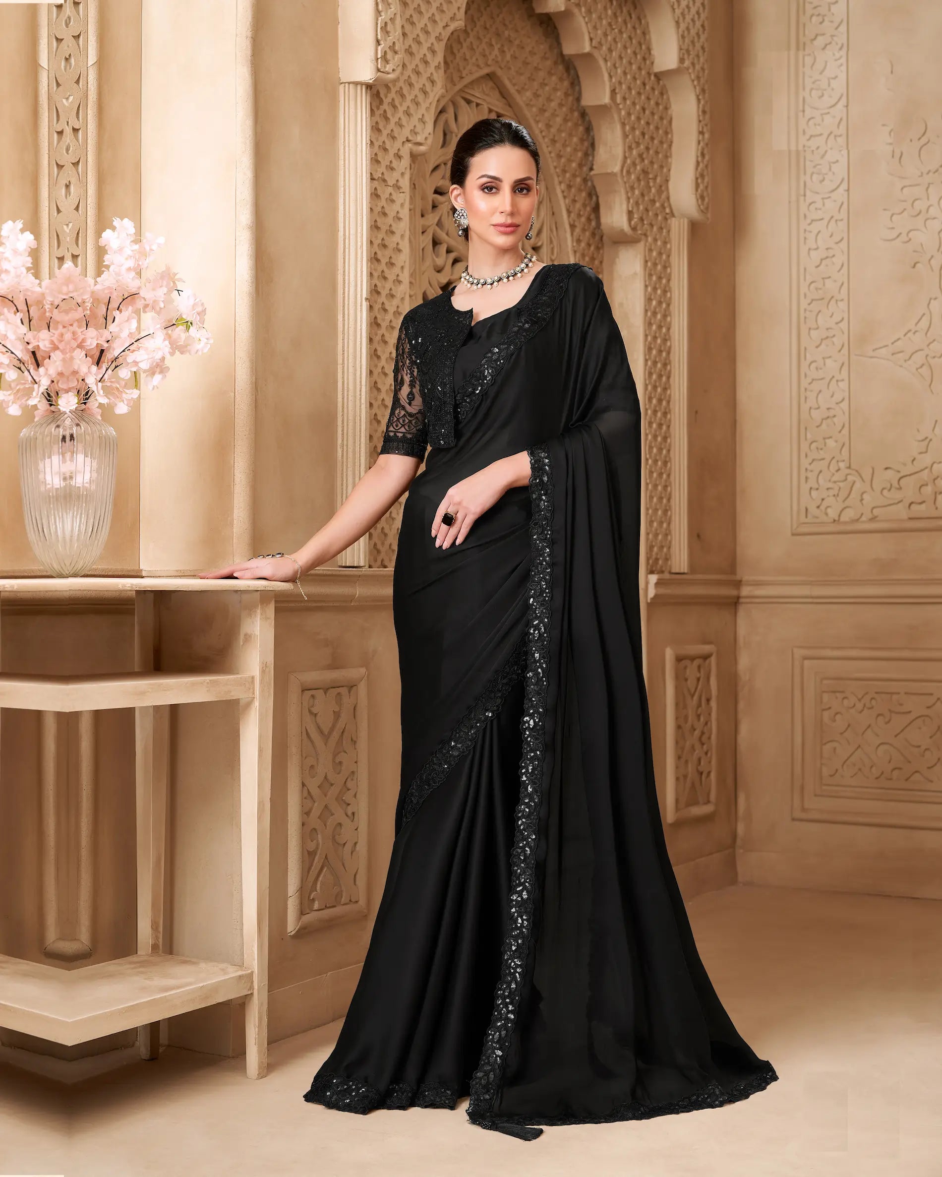 Black Satin Georgette Embroidery Party Wear Jacket Saree - qivii