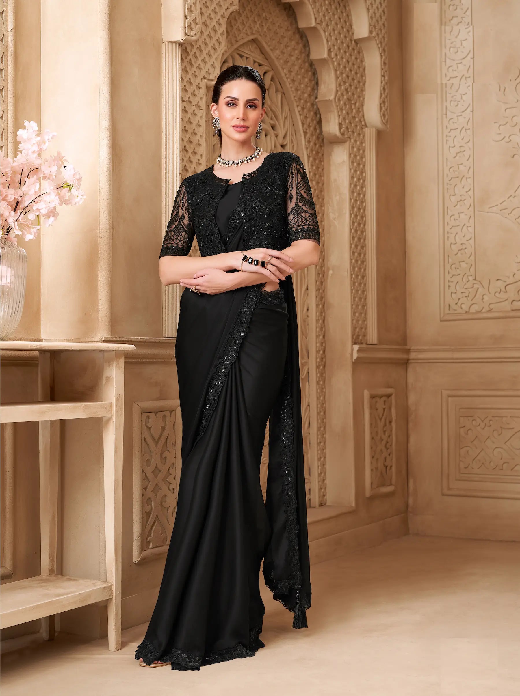 Black Satin Georgette Embroidery Party Wear Jacket Saree - qivii