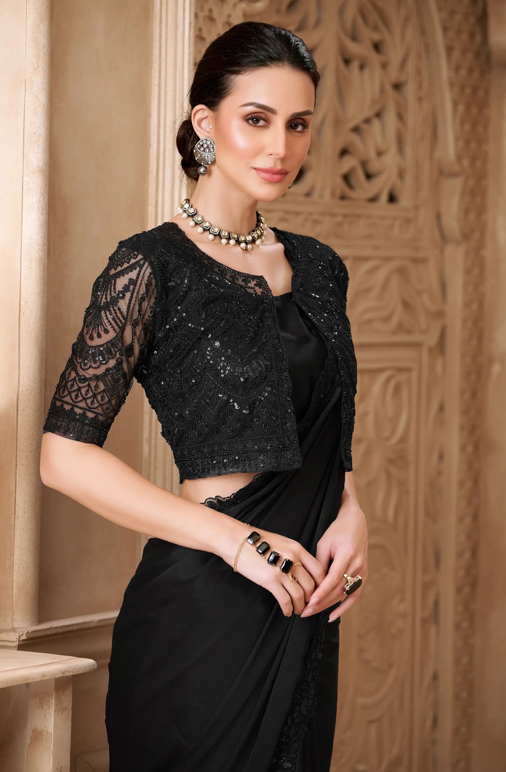 Black Satin Georgette Embroidery Party Wear Jacket Saree - qivii