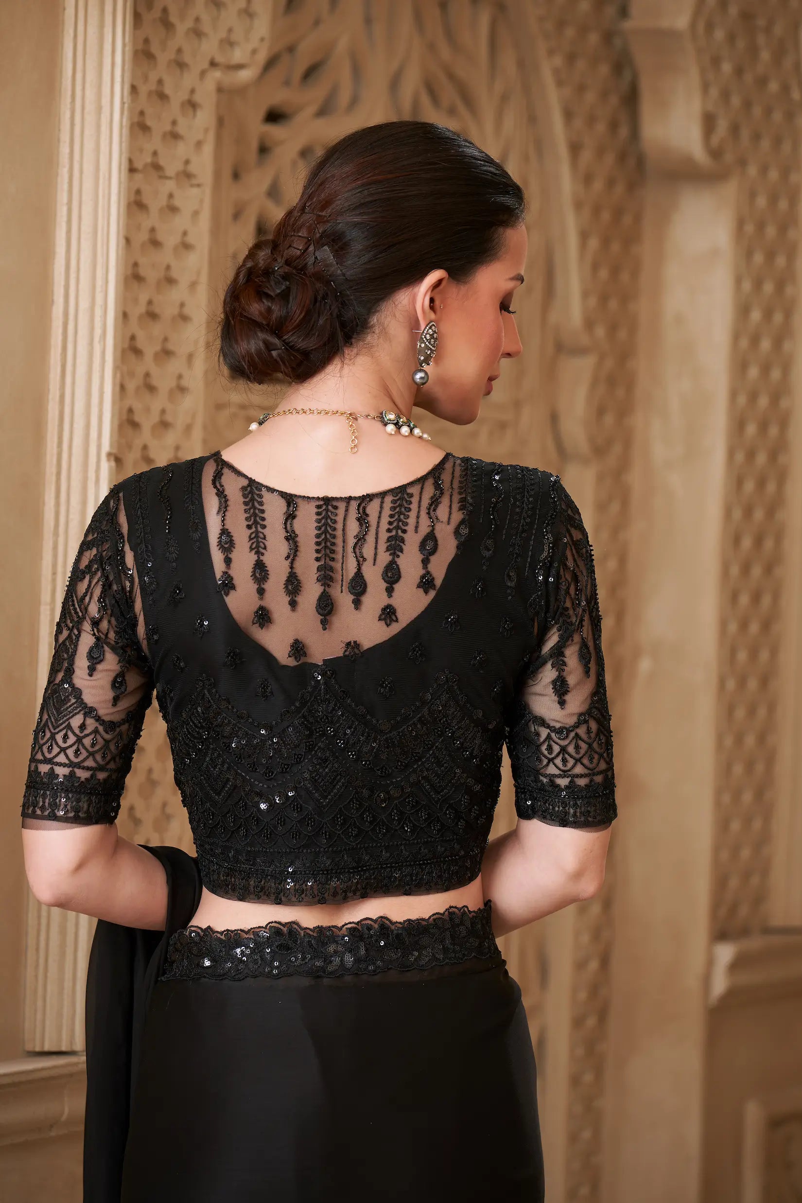 Black Satin Georgette Embroidery Party Wear Jacket Saree - qivii