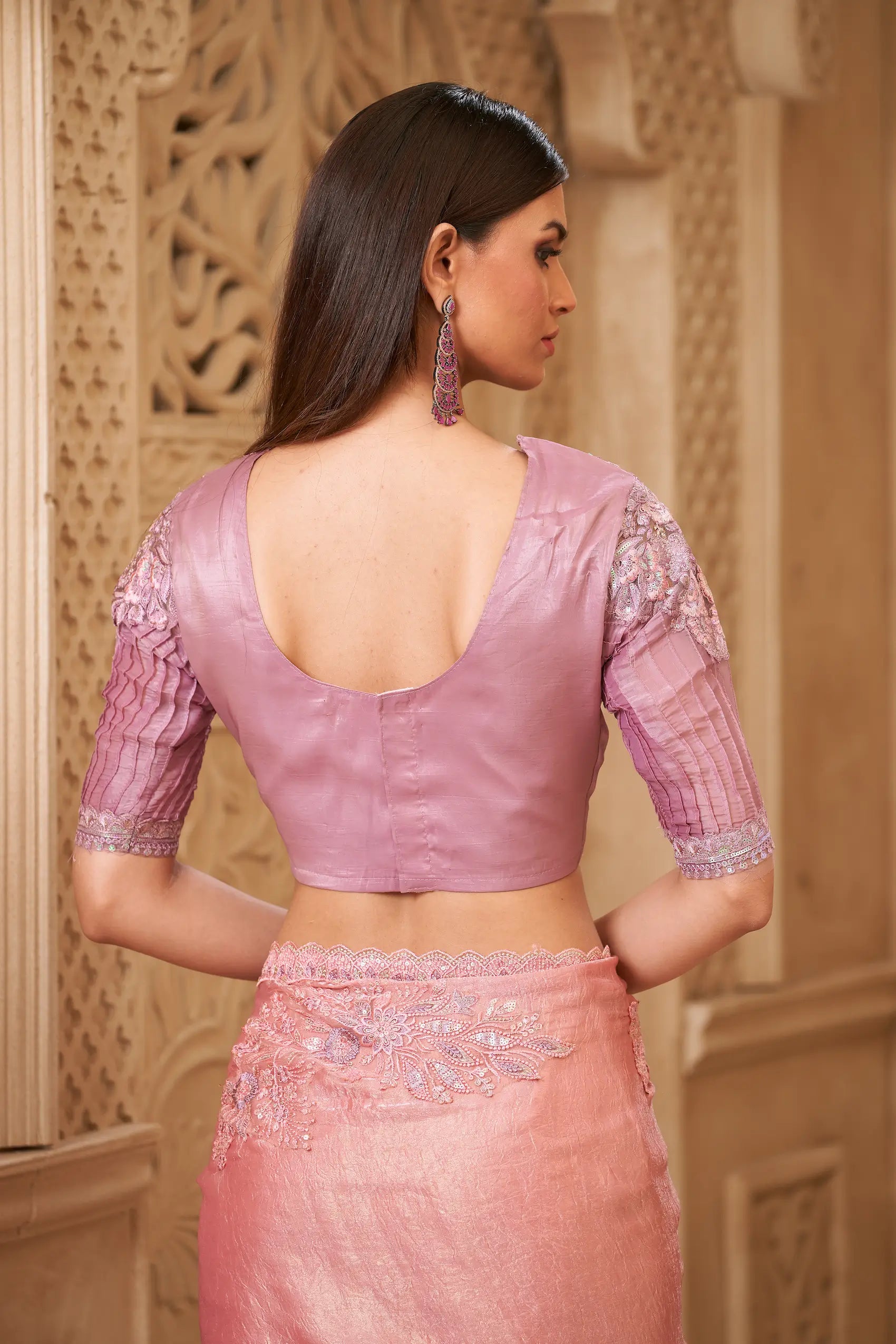 Salmon Pink Crush Georgette Embroidery Party Wear Saree - qivii