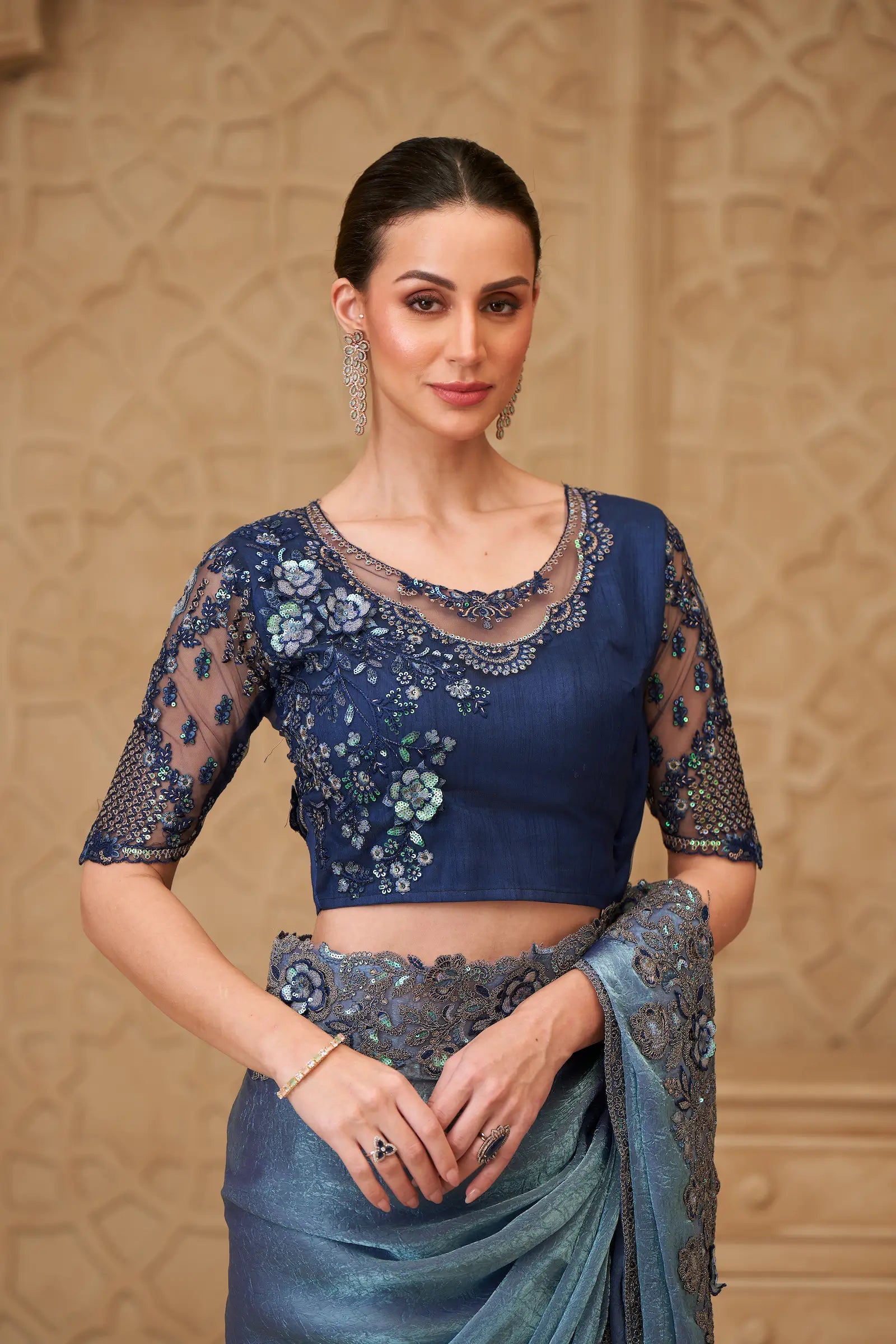 Metal Blue Crush Georgette Embroidery Party Wear Saree - qivii