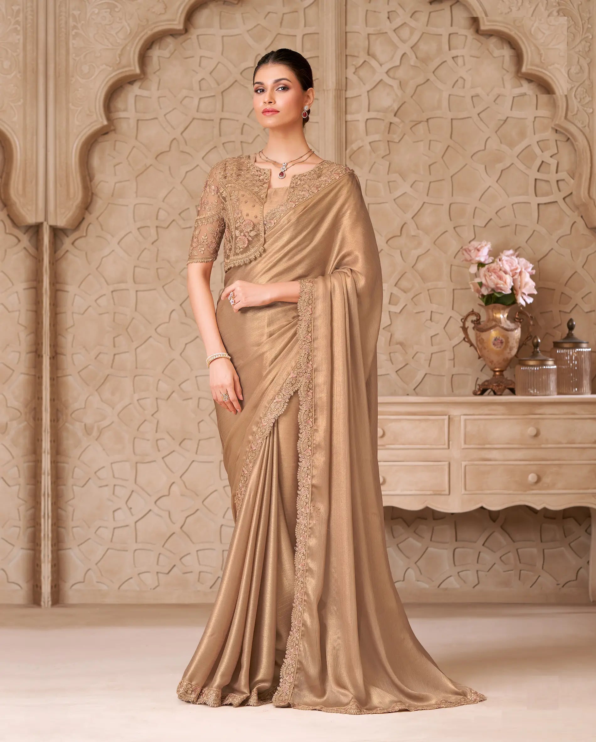 Golden Shimmer Georgette Embroidery Party Wear Jacket Saree - qivii
