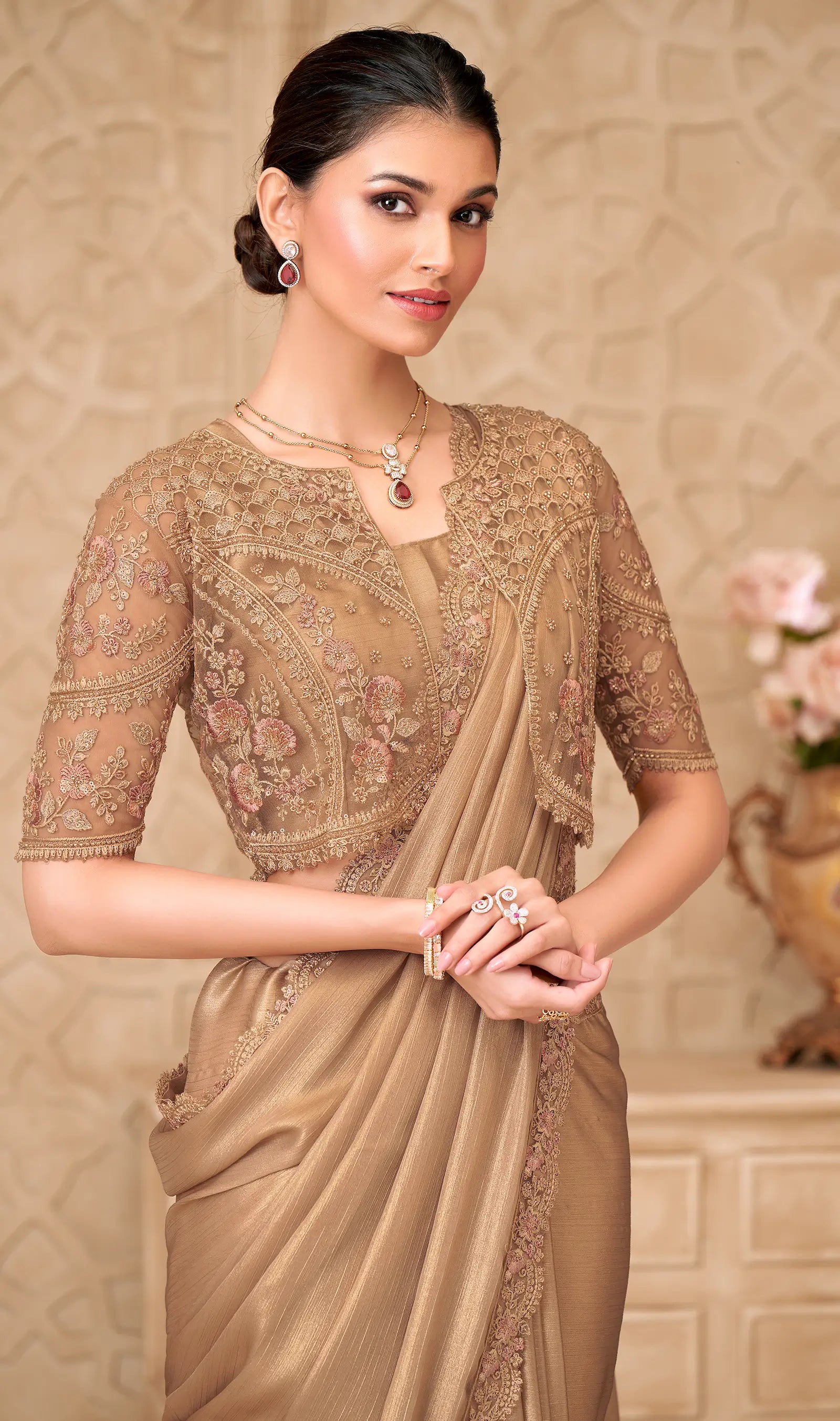 Golden Shimmer Georgette Embroidery Party Wear Jacket Saree - qivii