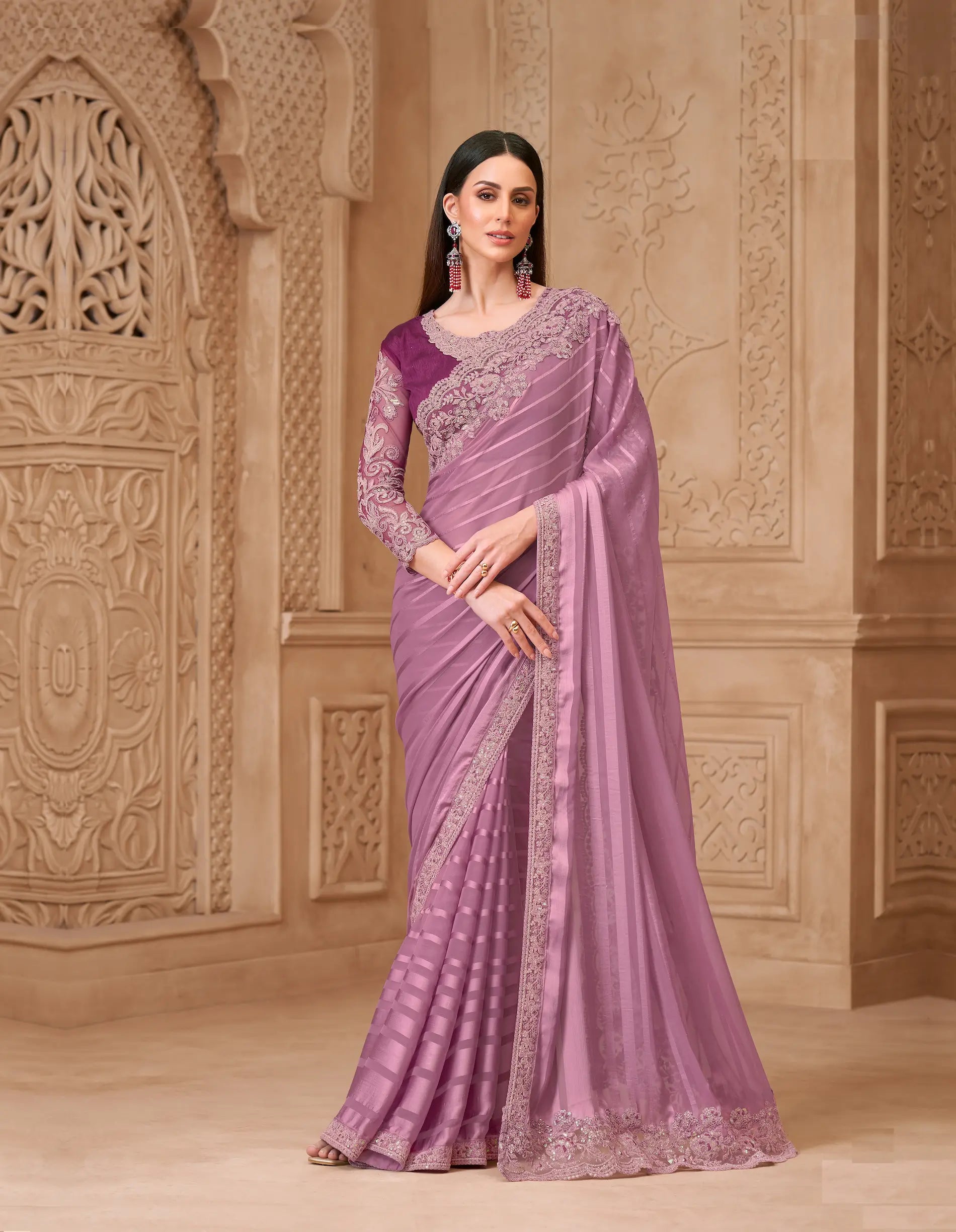 Onion Pink Pattern Georgette Embroidery Party Wear Saree - qivii