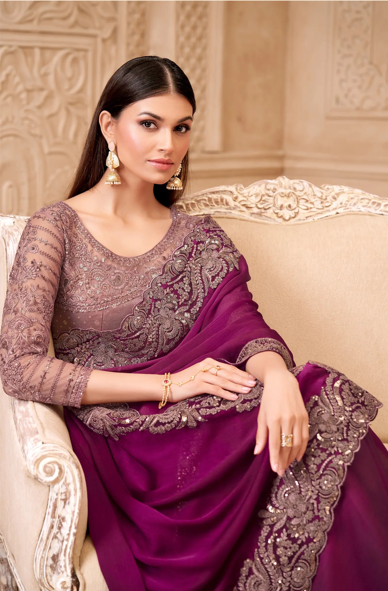 Wine Red Satin Georgette Embroidery Party Wear Saree - qivii