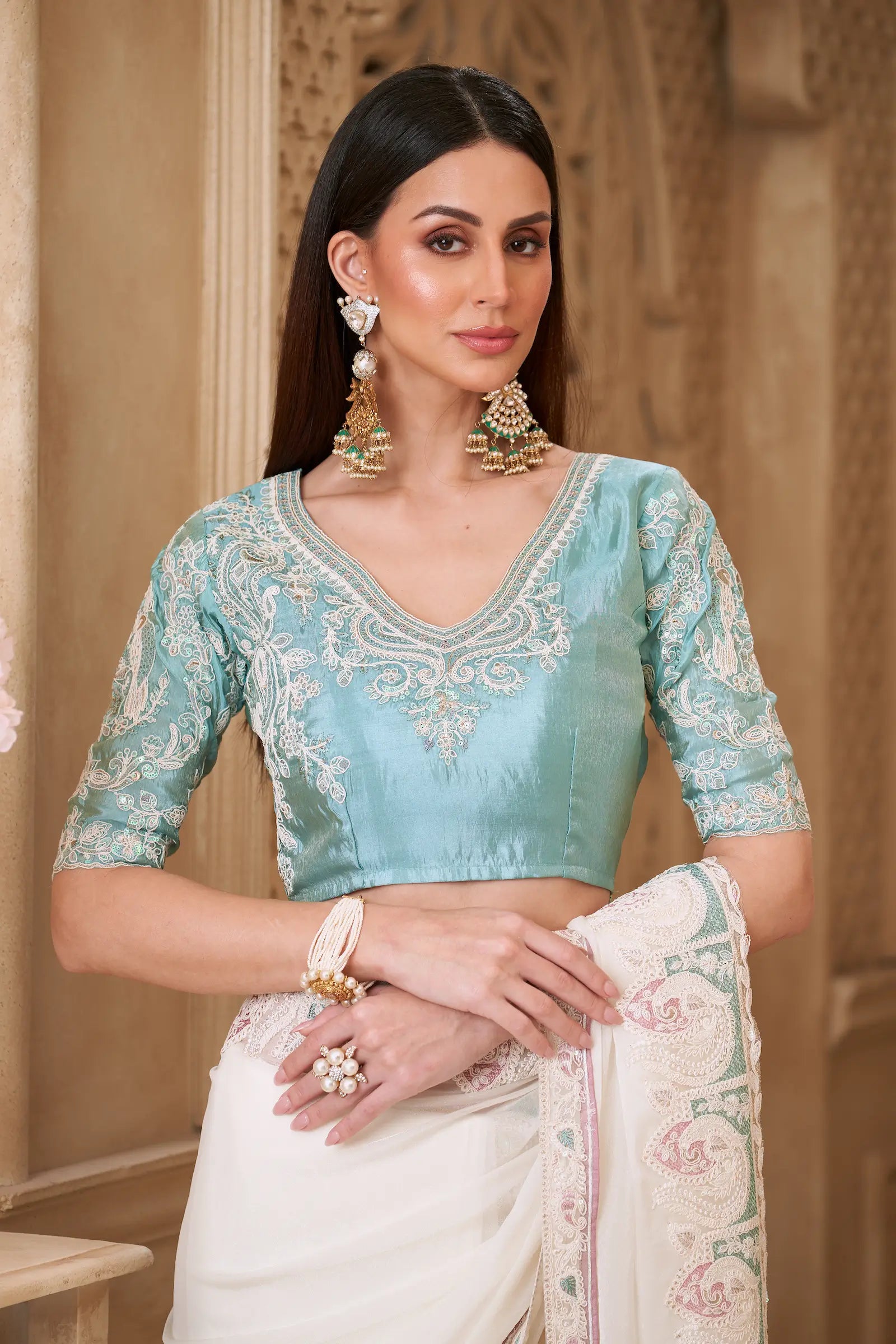 Powder White Georgette Silk Embroidery Party Wear Saree - qivii