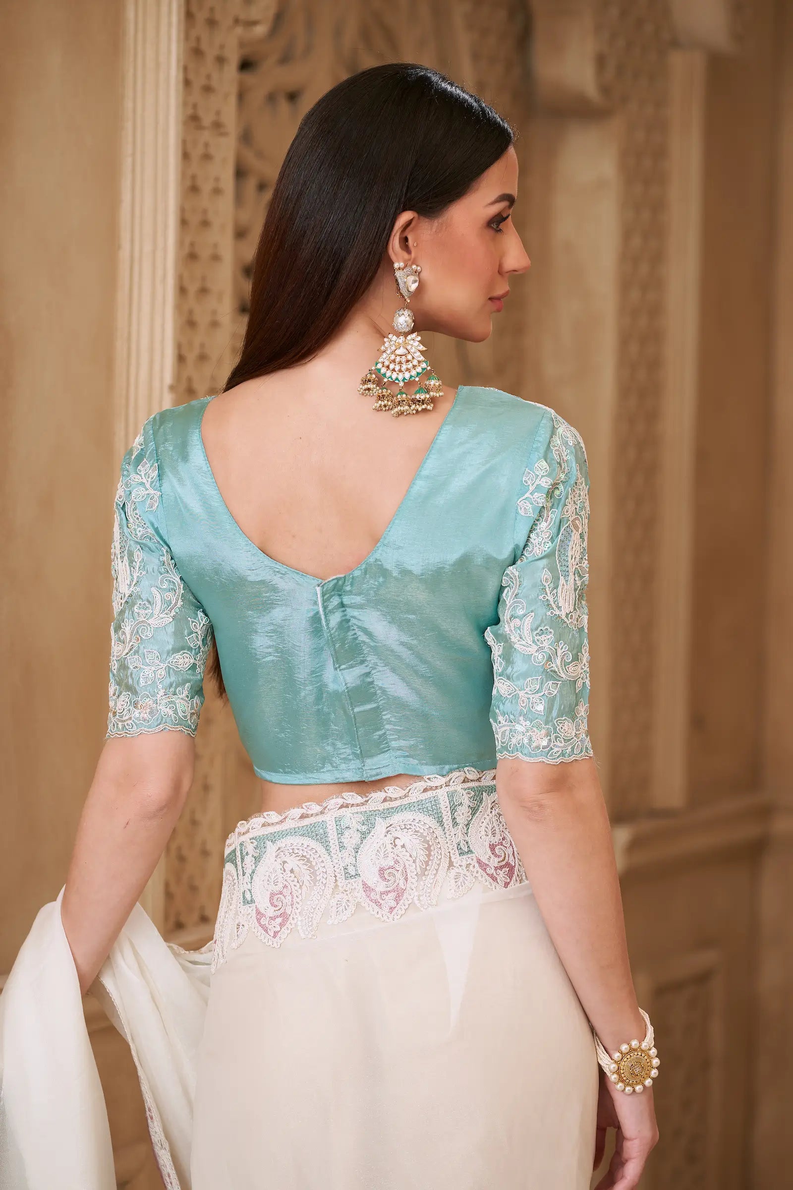 Powder White Georgette Silk Embroidery Party Wear Saree - qivii