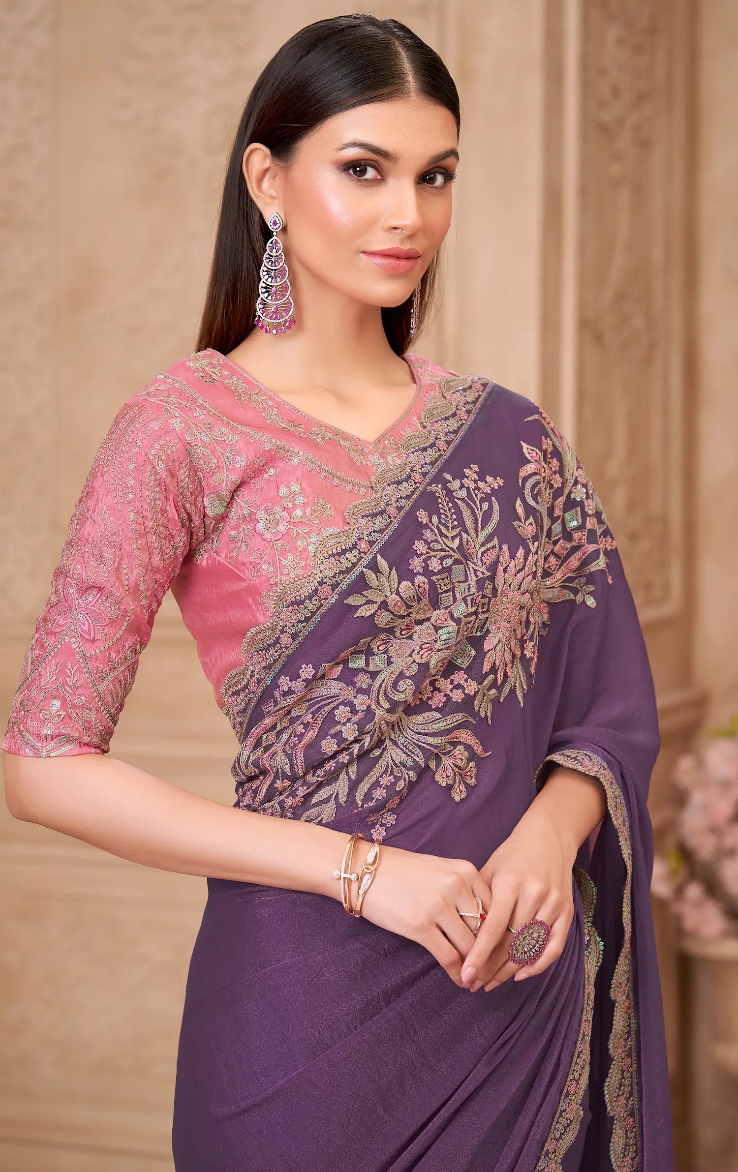Dusty Purple Sparkle Georgette Embroidery Party Wear Saree - qivii