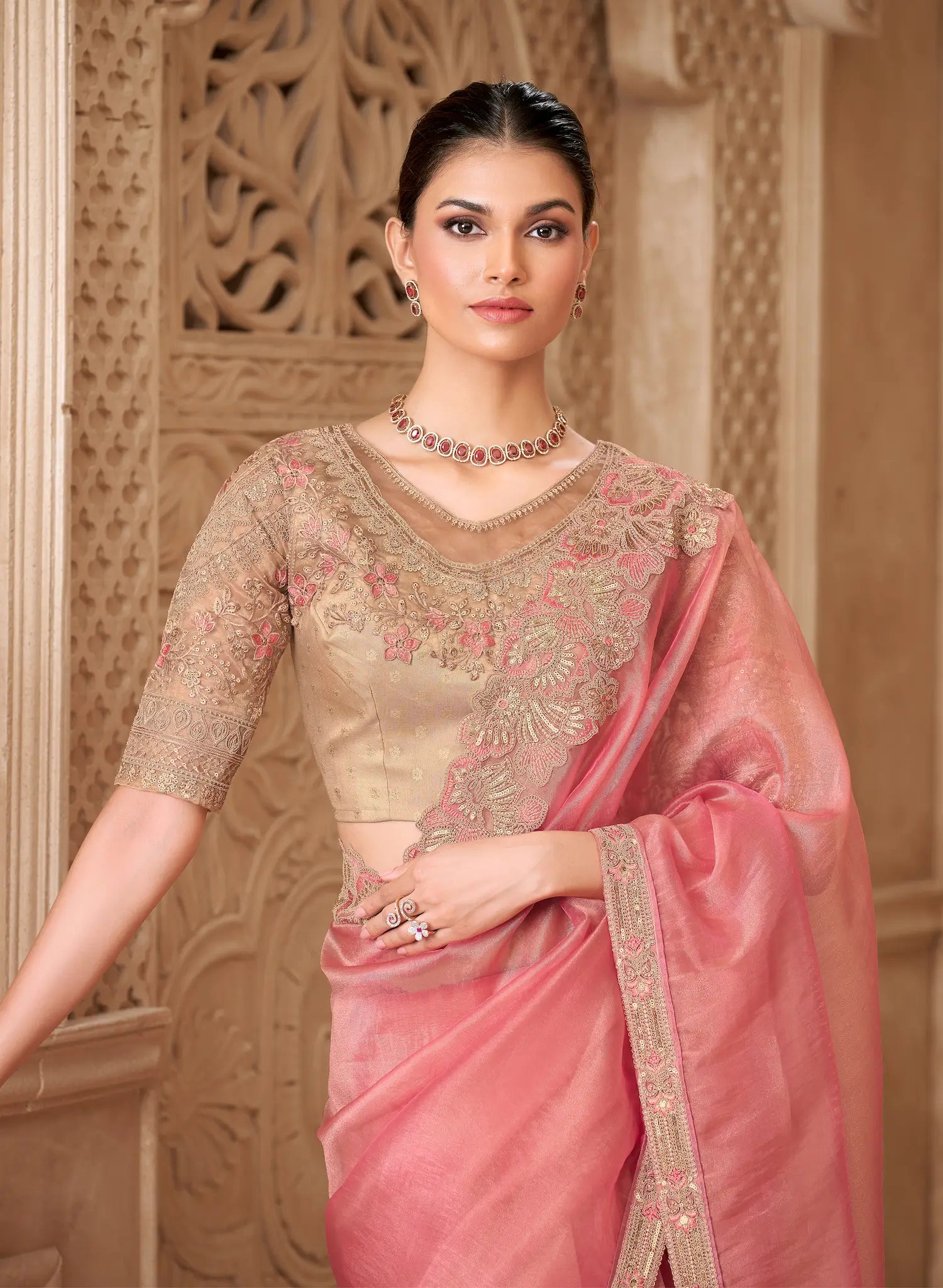 Sea Pink Tissue Georgette Embroidery Party Wear Saree - qivii