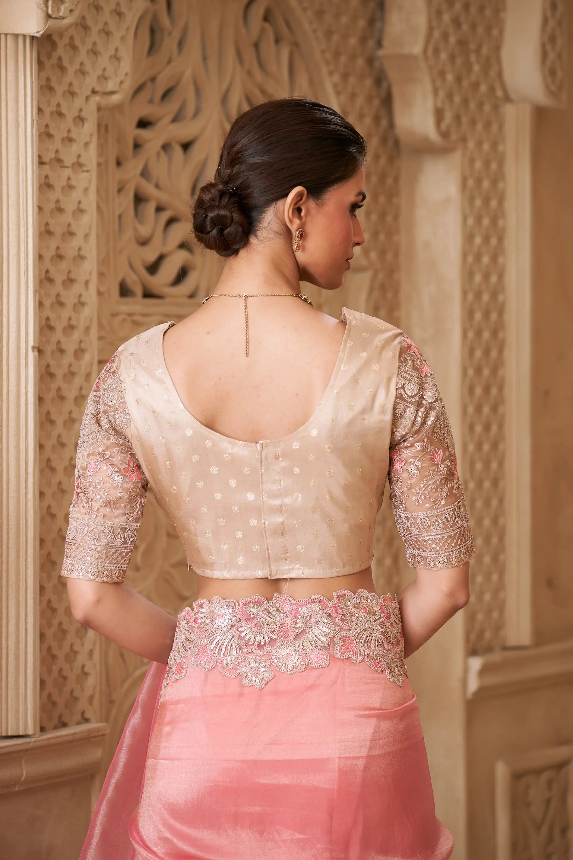 Sea Pink Tissue Georgette Embroidery Party Wear Saree - qivii