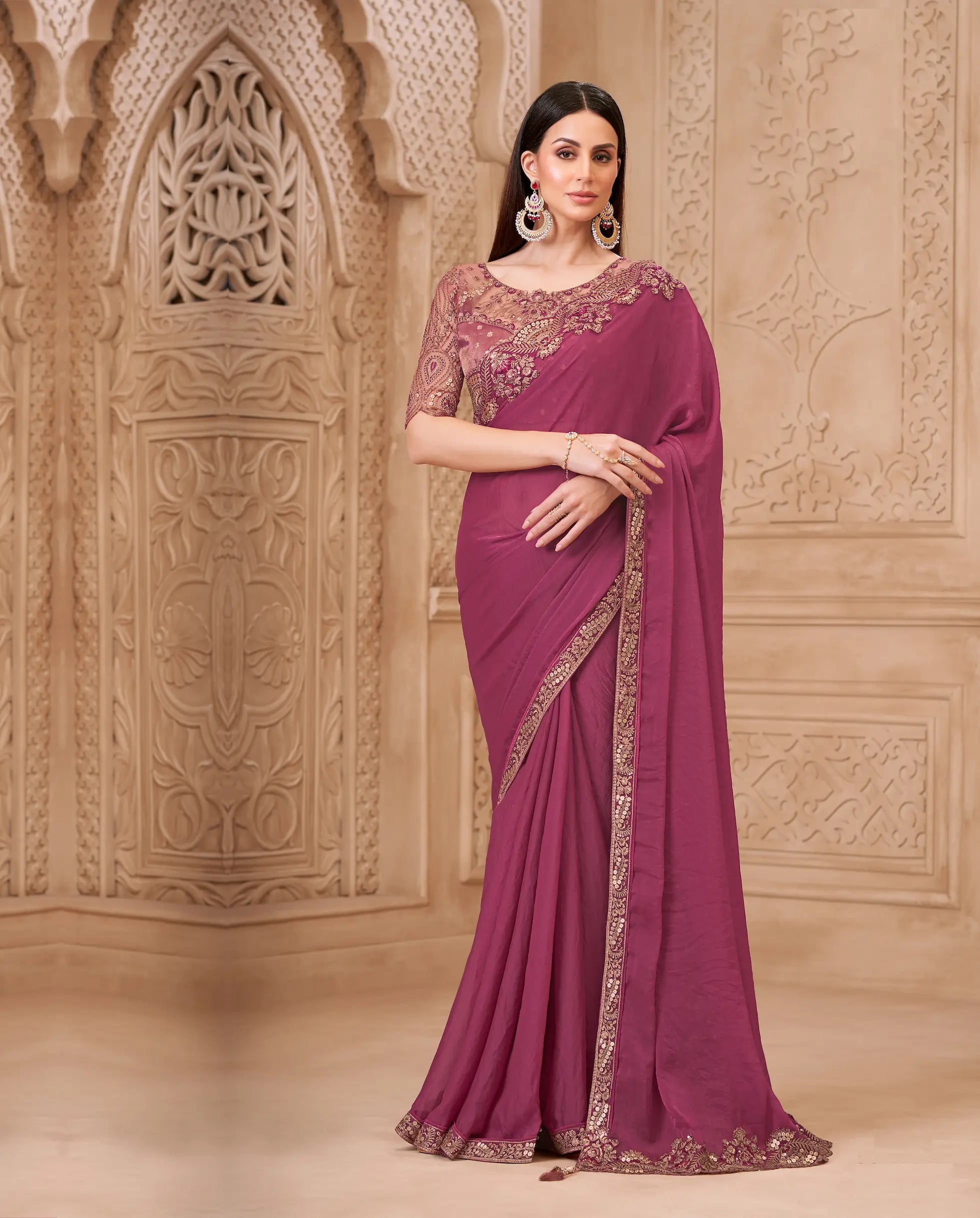 Brick Red Georgette Embroidery Party Wear Saree - qivii