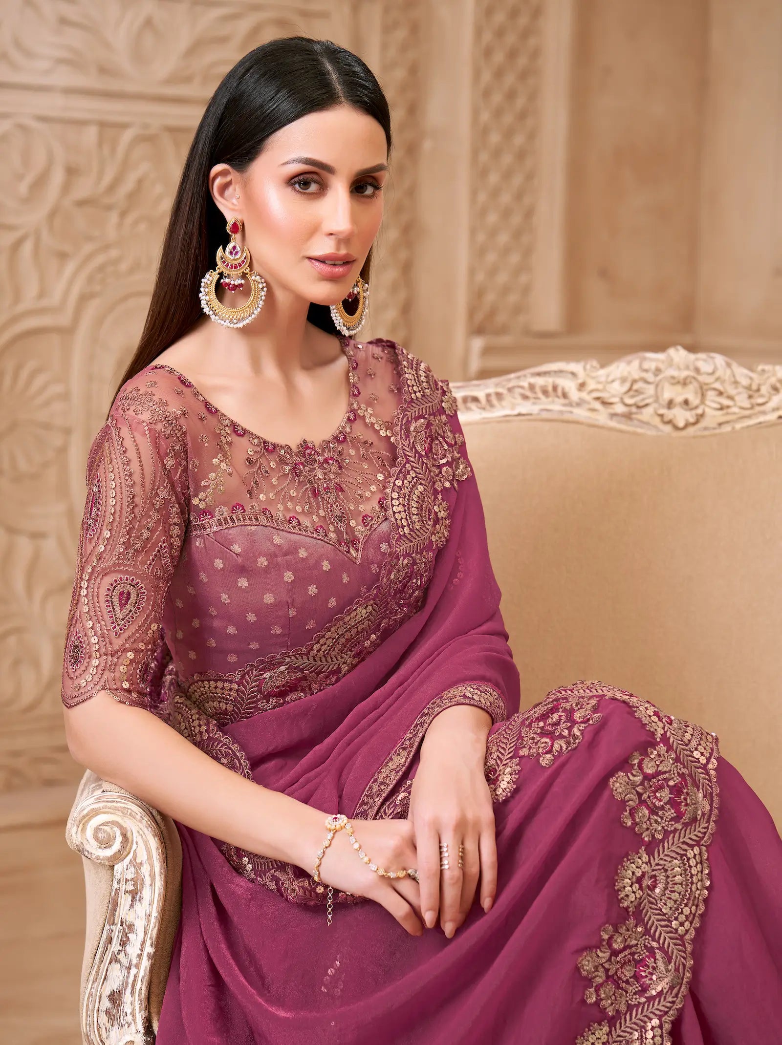 Brick Red Georgette Embroidery Party Wear Saree - qivii