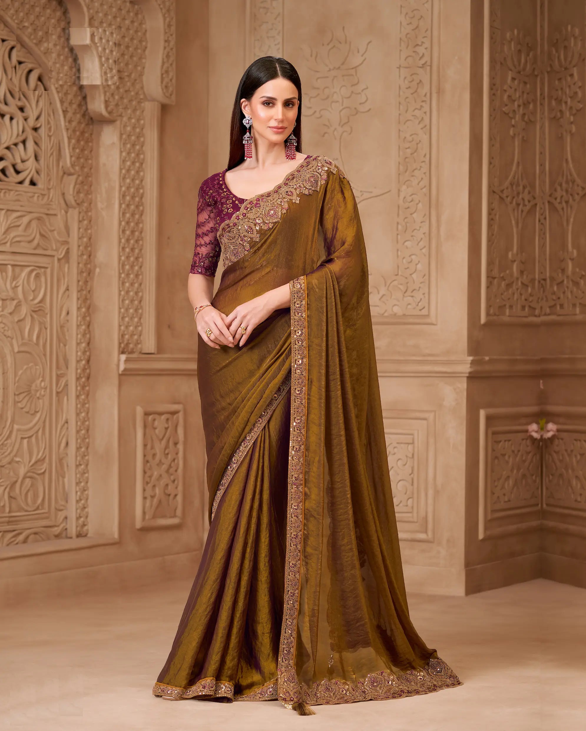 Golden brown Satin Georgette Embroidery Party Wear Saree - qivii