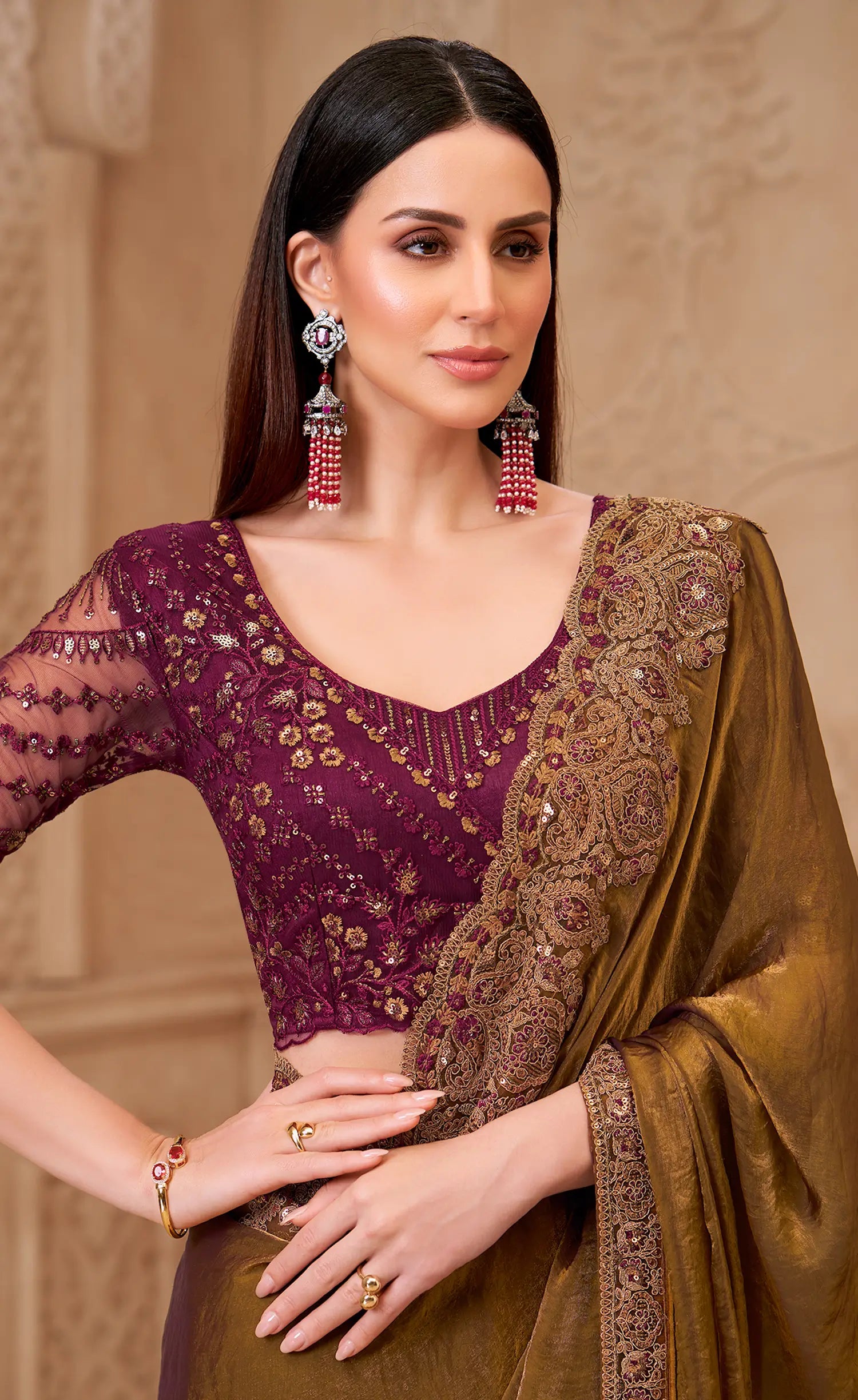 Golden brown Satin Georgette Embroidery Party Wear Saree - qivii