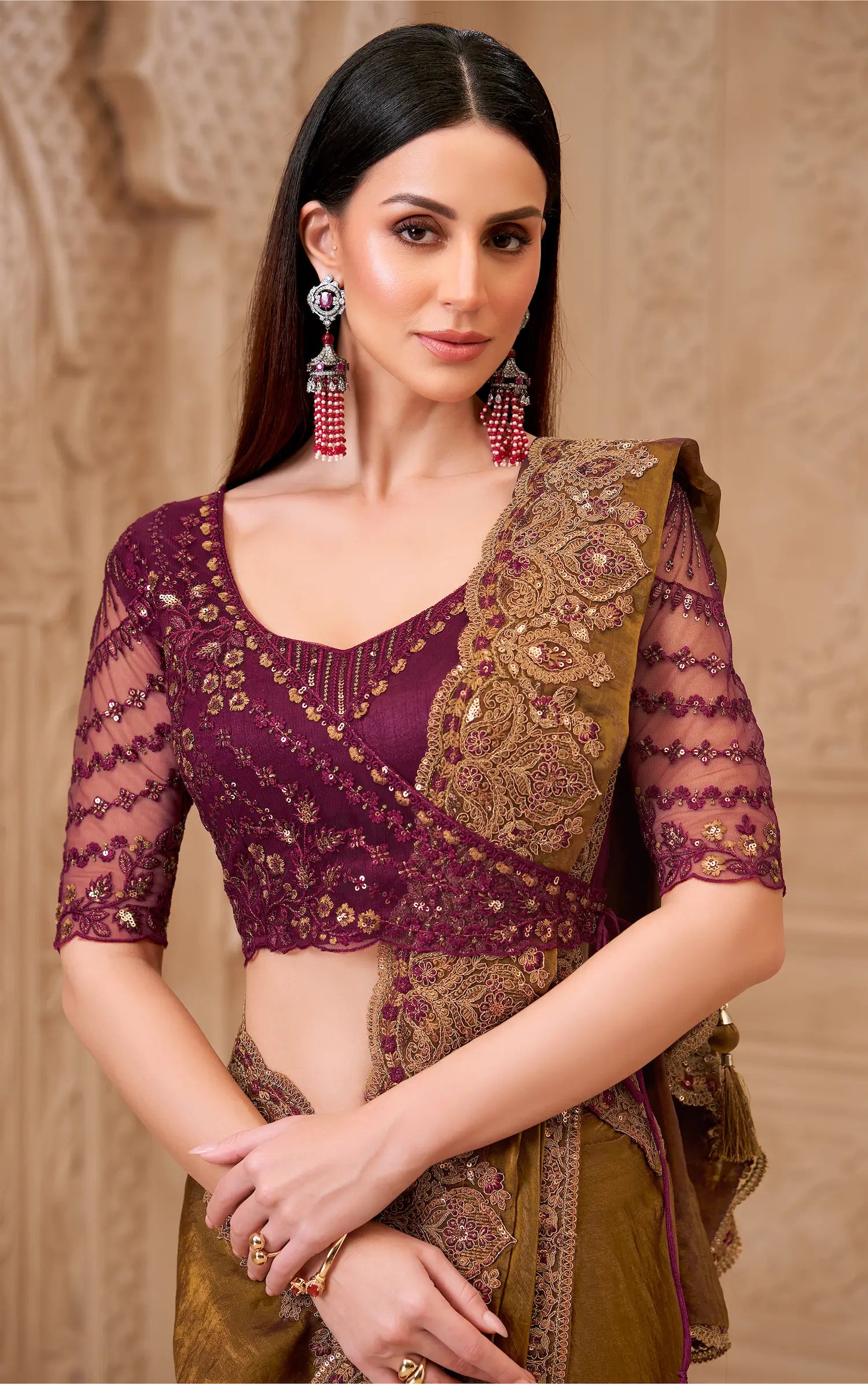 Golden brown Satin Georgette Embroidery Party Wear Saree - qivii