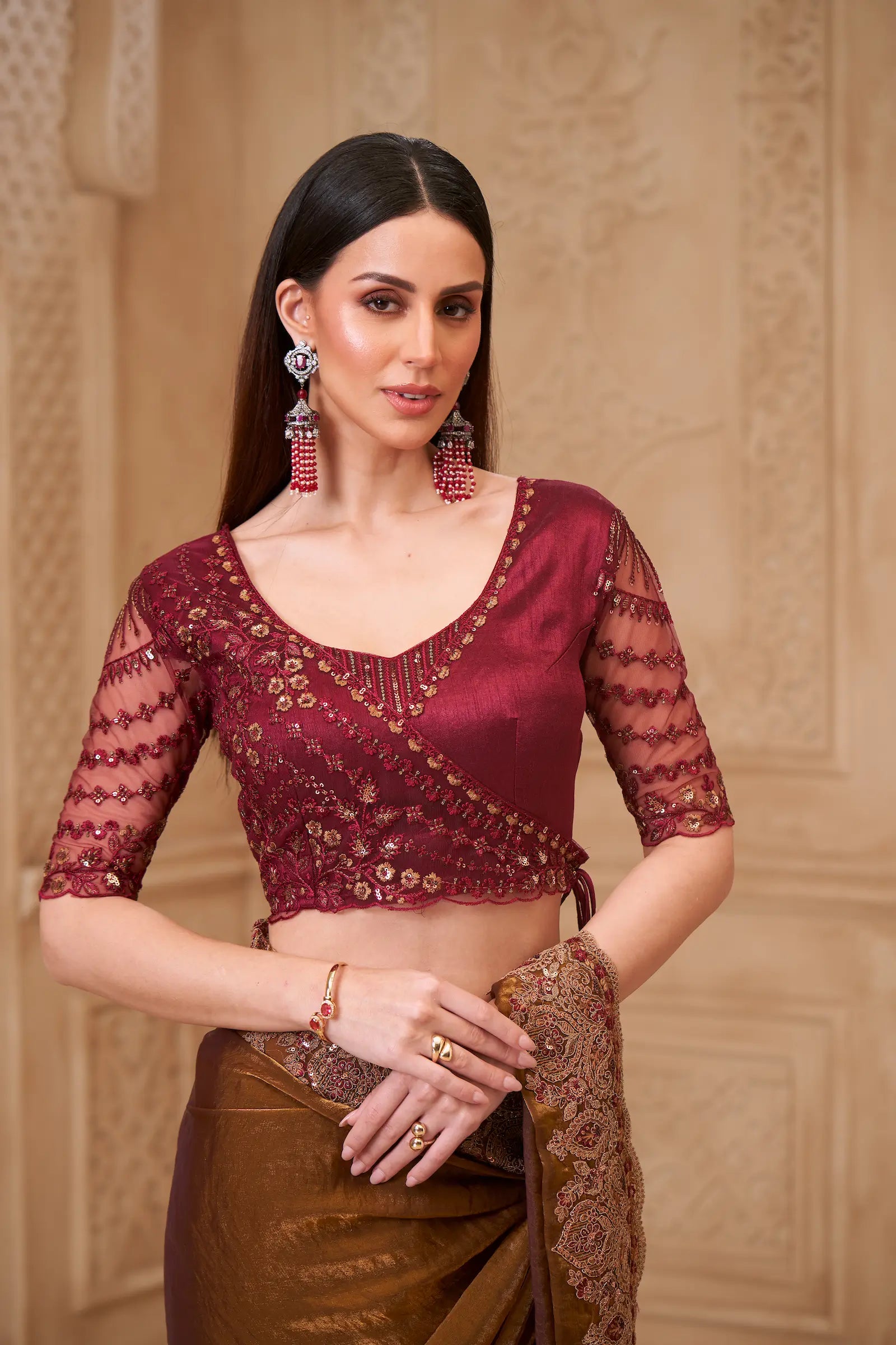 Golden brown Satin Georgette Embroidery Party Wear Saree - qivii