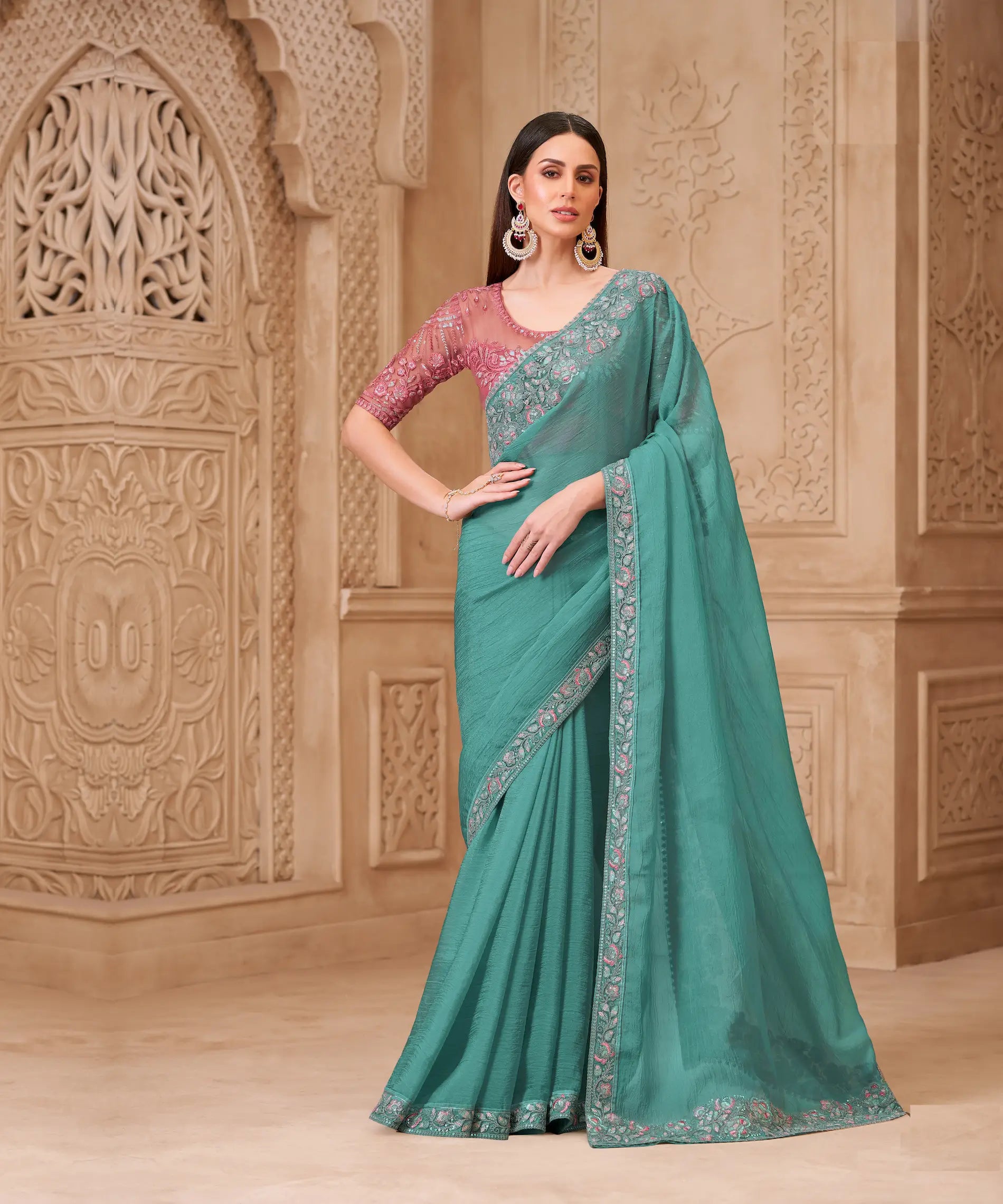 Dusty Teal Crush Georgette Embroidery Party Wear Saree - qivii