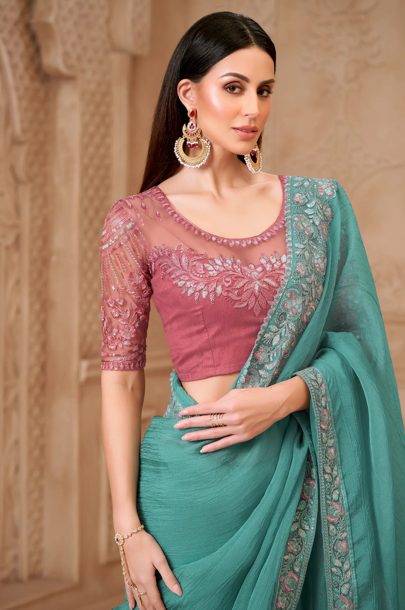Dusty Teal Crush Georgette Embroidery Party Wear Saree - qivii