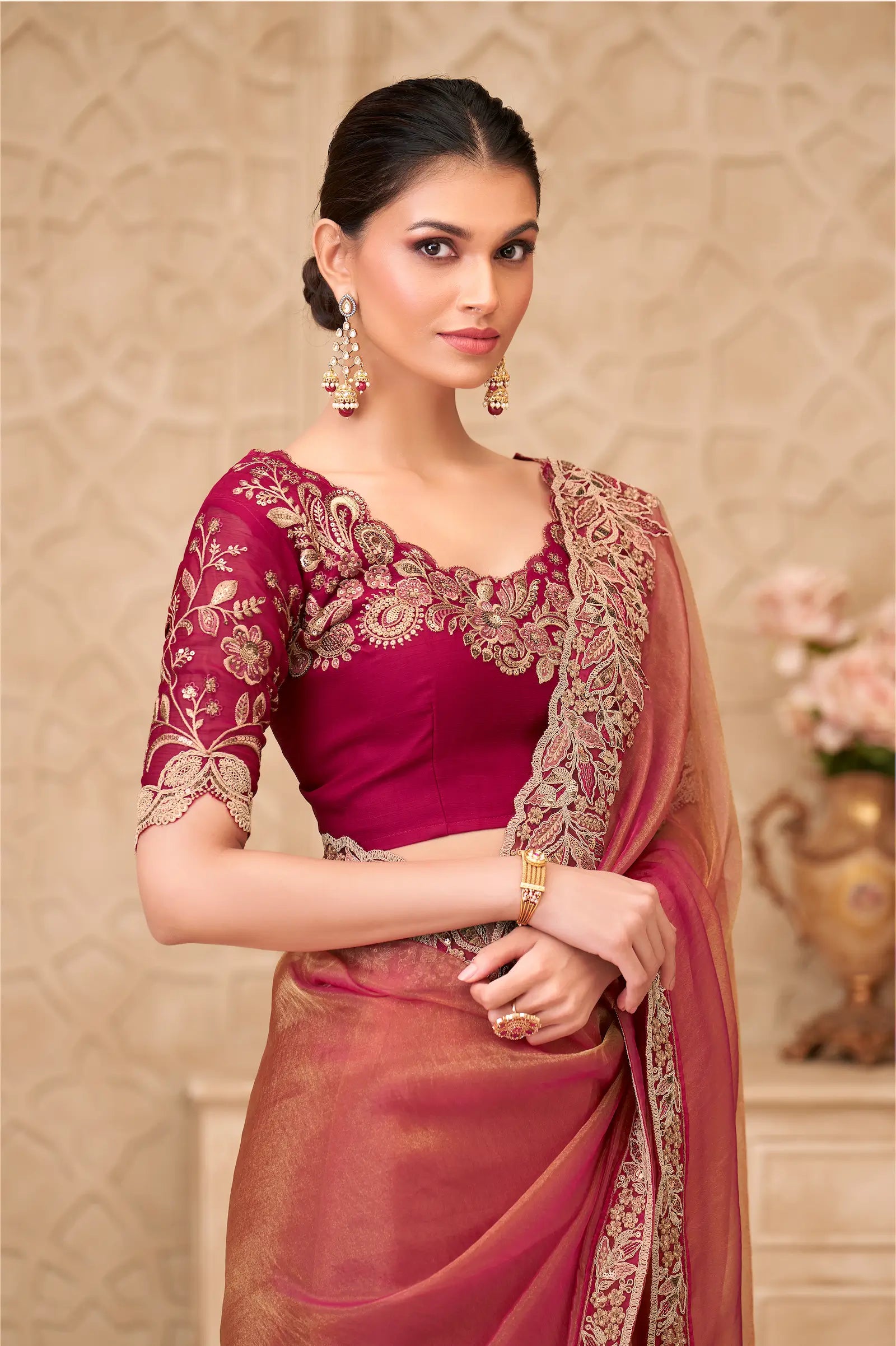 Rust Orange Sparkle Georgette Embroidery Party Wear Saree - qivii