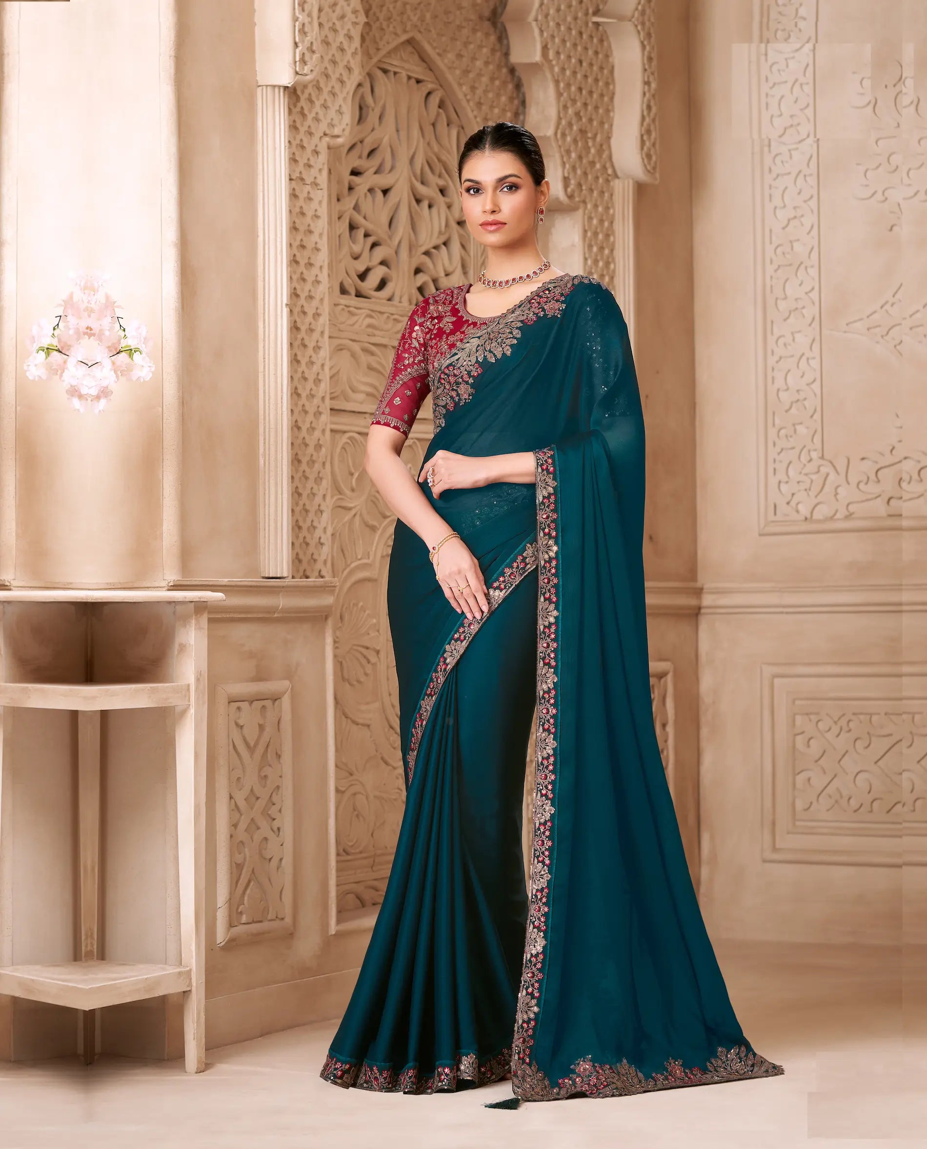 Peacock Blue Satin Georgette Embroidery Party Wear Saree - qivii