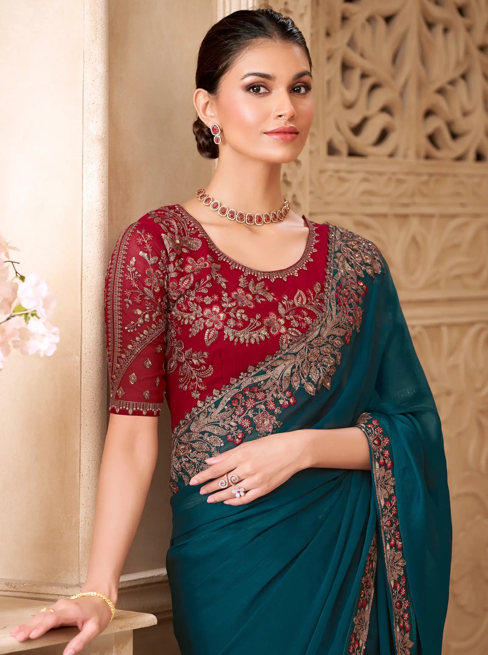 Peacock Blue Satin Georgette Embroidery Party Wear Saree - qivii