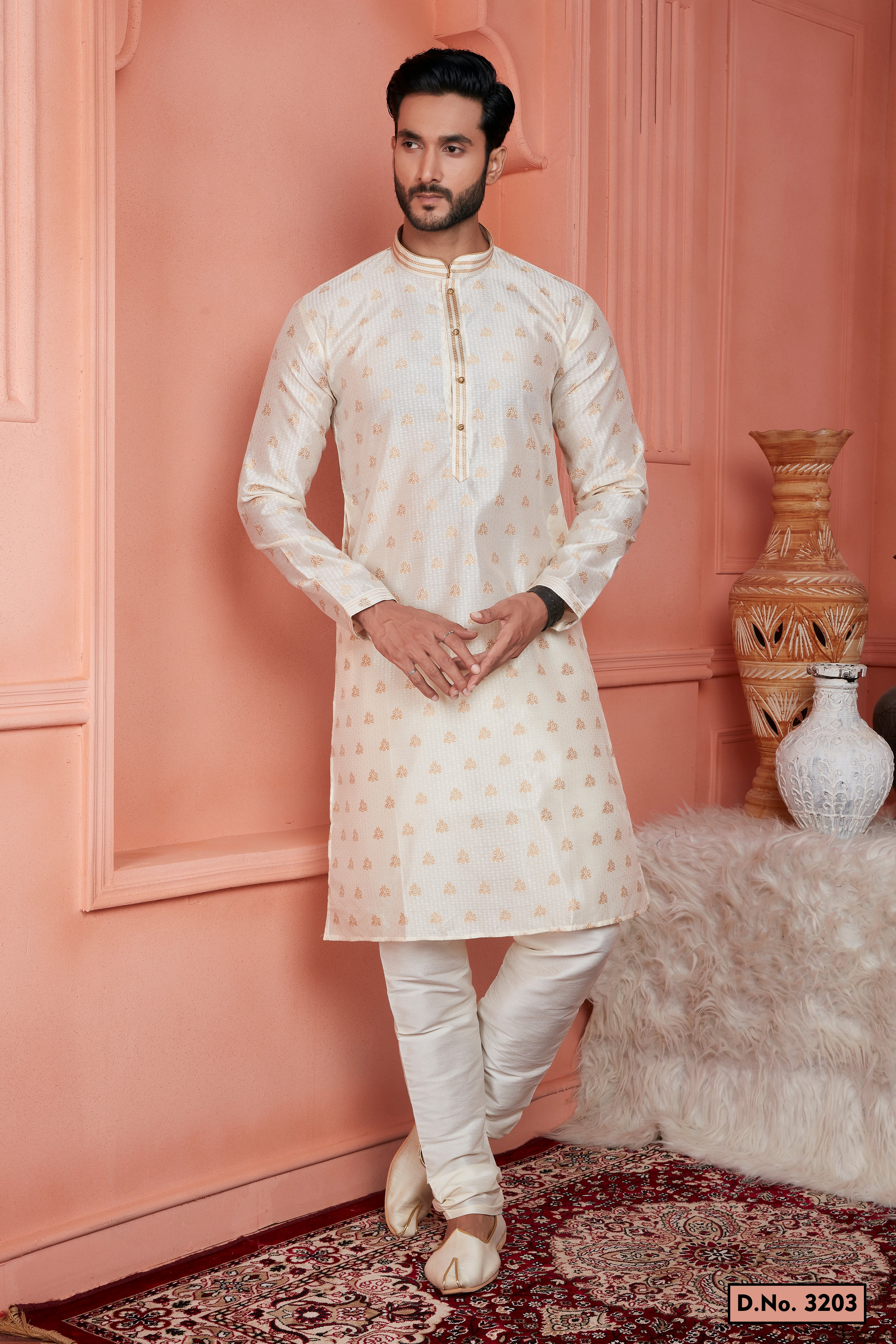 Men's Jacquard Banarasi Silk Pintux Work Kurta Pyjama In Cream Colour