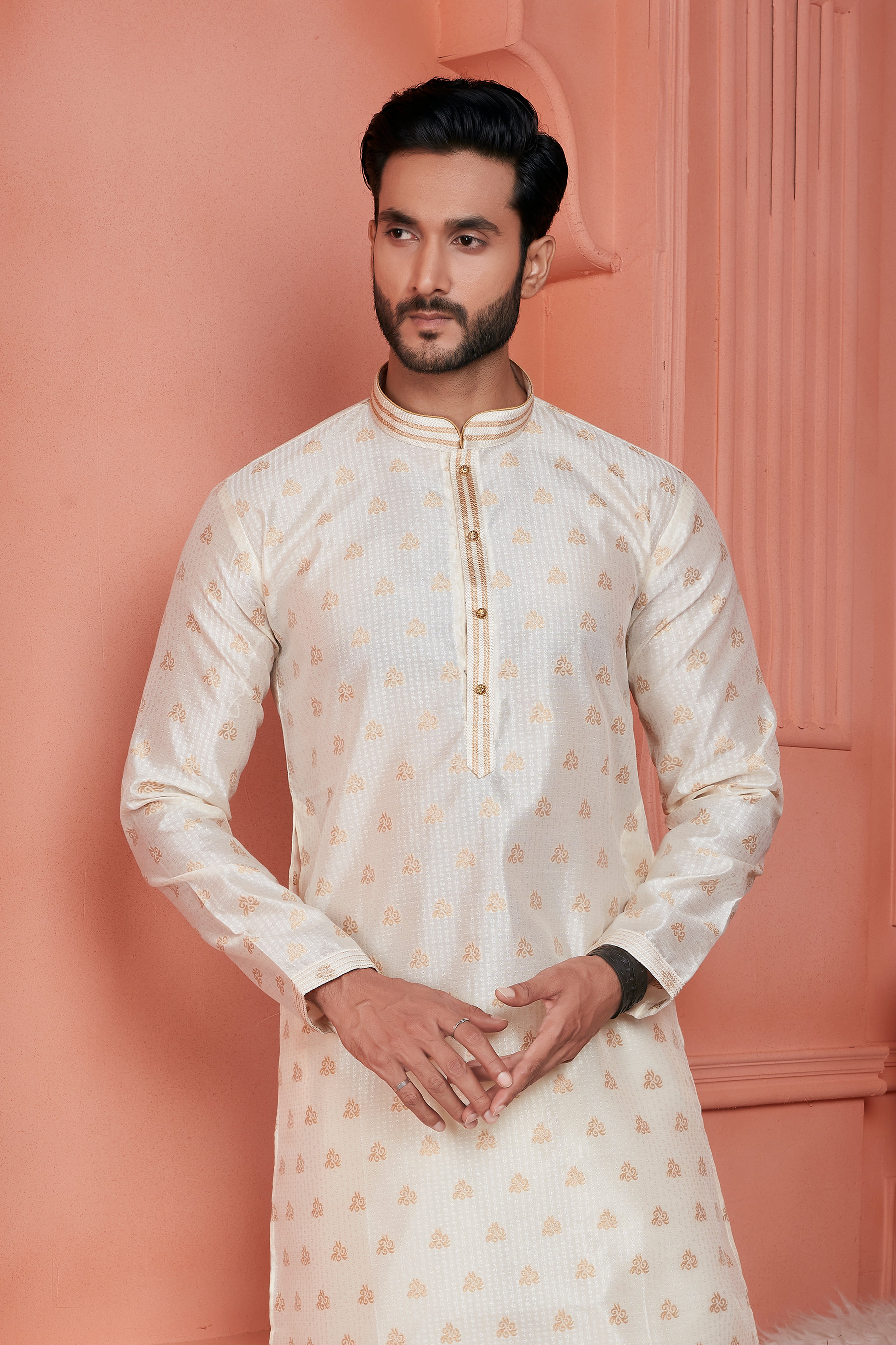 Men's Jacquard Banarasi Silk Pintux Work Kurta Pyjama In Cream Colour
