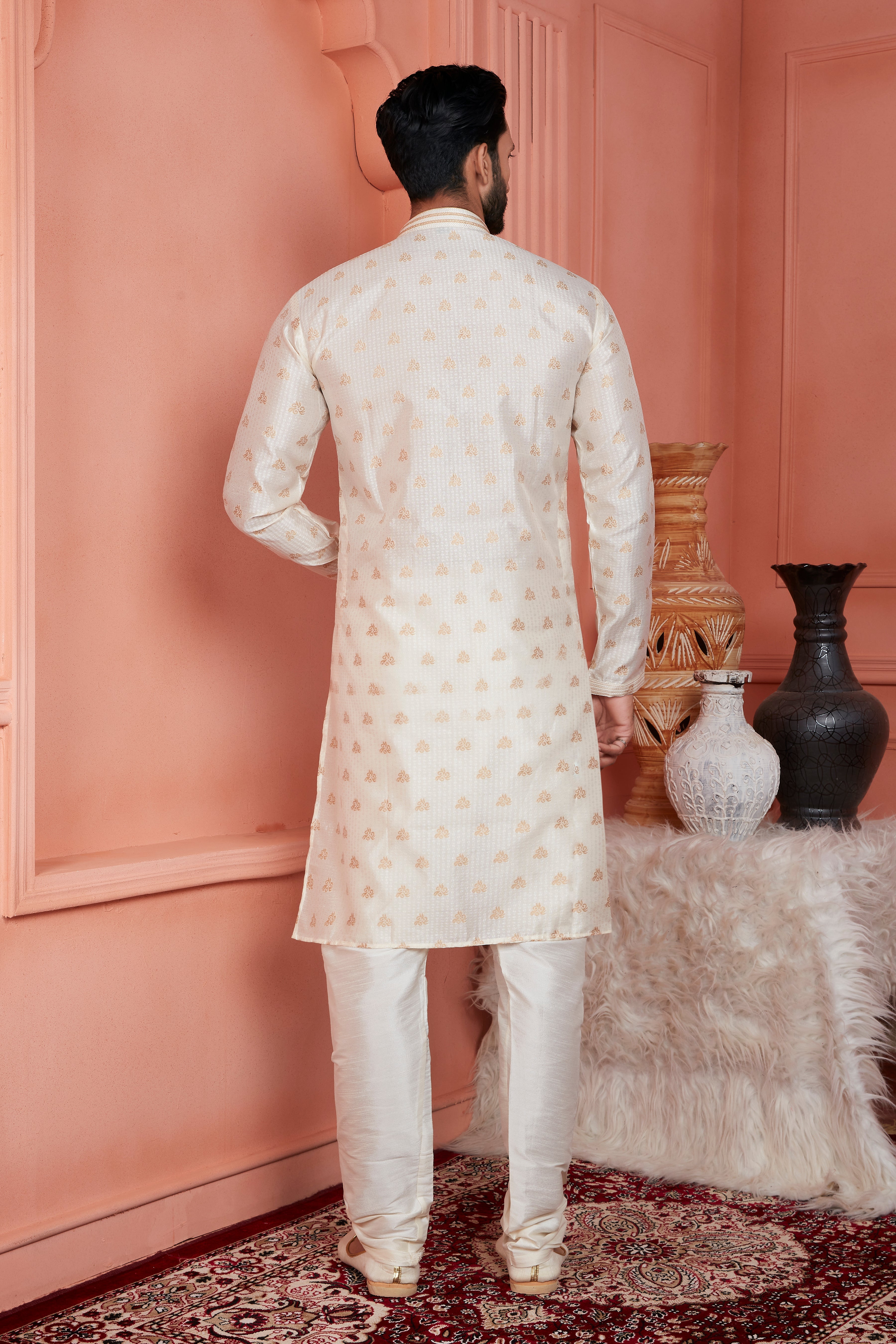Men's Jacquard Banarasi Silk Pintux Work Kurta Pyjama In Cream Colour