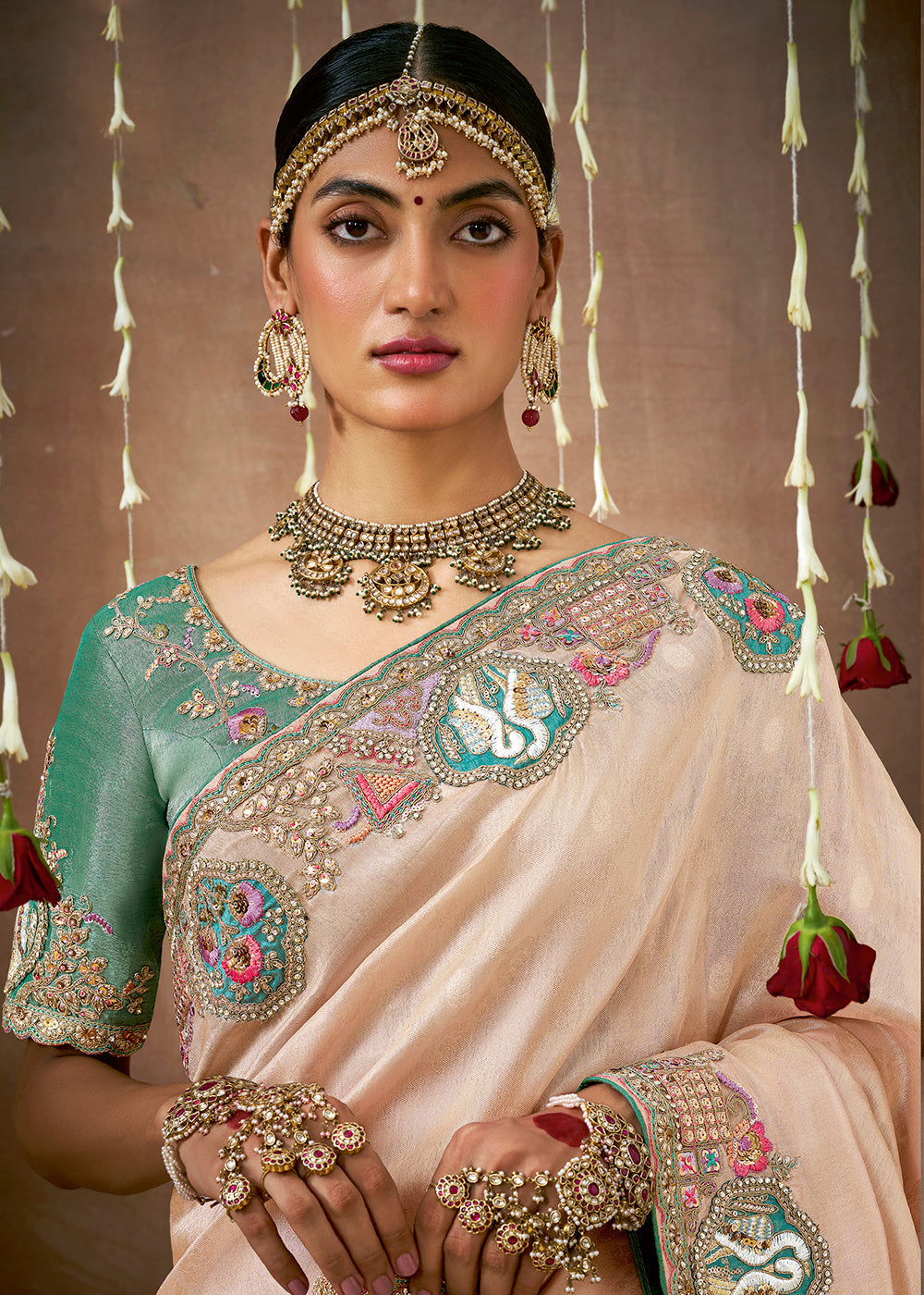 Pale Peach Pink Zari Woven Tissue Dola Silk Saree having Sequence, Pearl, Mirror & Thread Work: Festival Edition - qivii