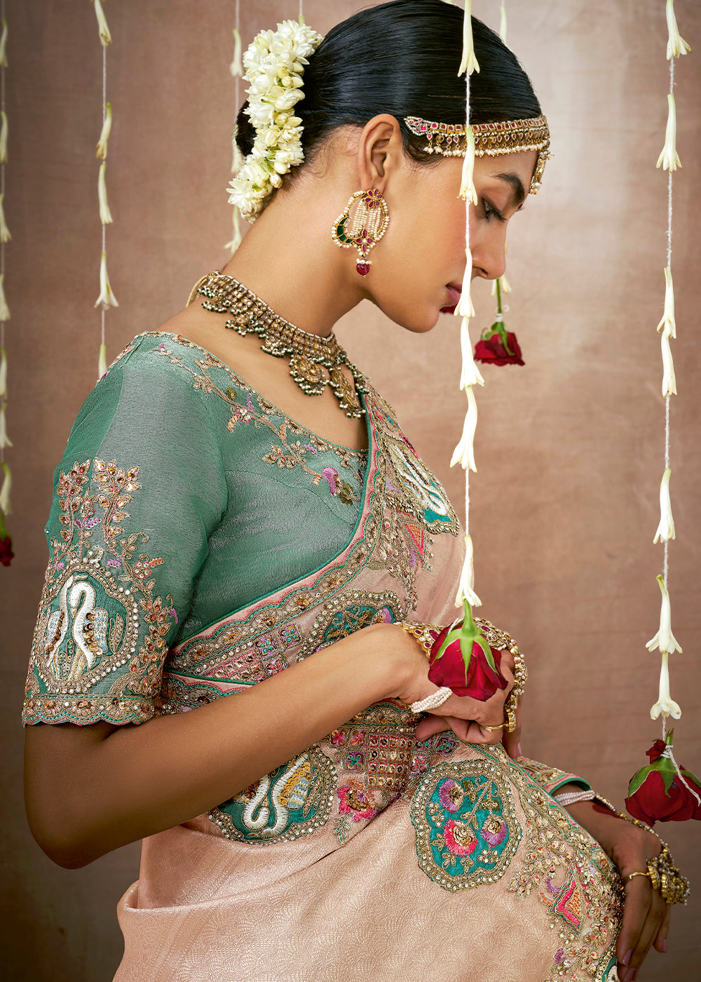 Pale Peach Pink Zari Woven Tissue Dola Silk Saree having Sequence, Pearl, Mirror & Thread Work: Festival Edition - qivii