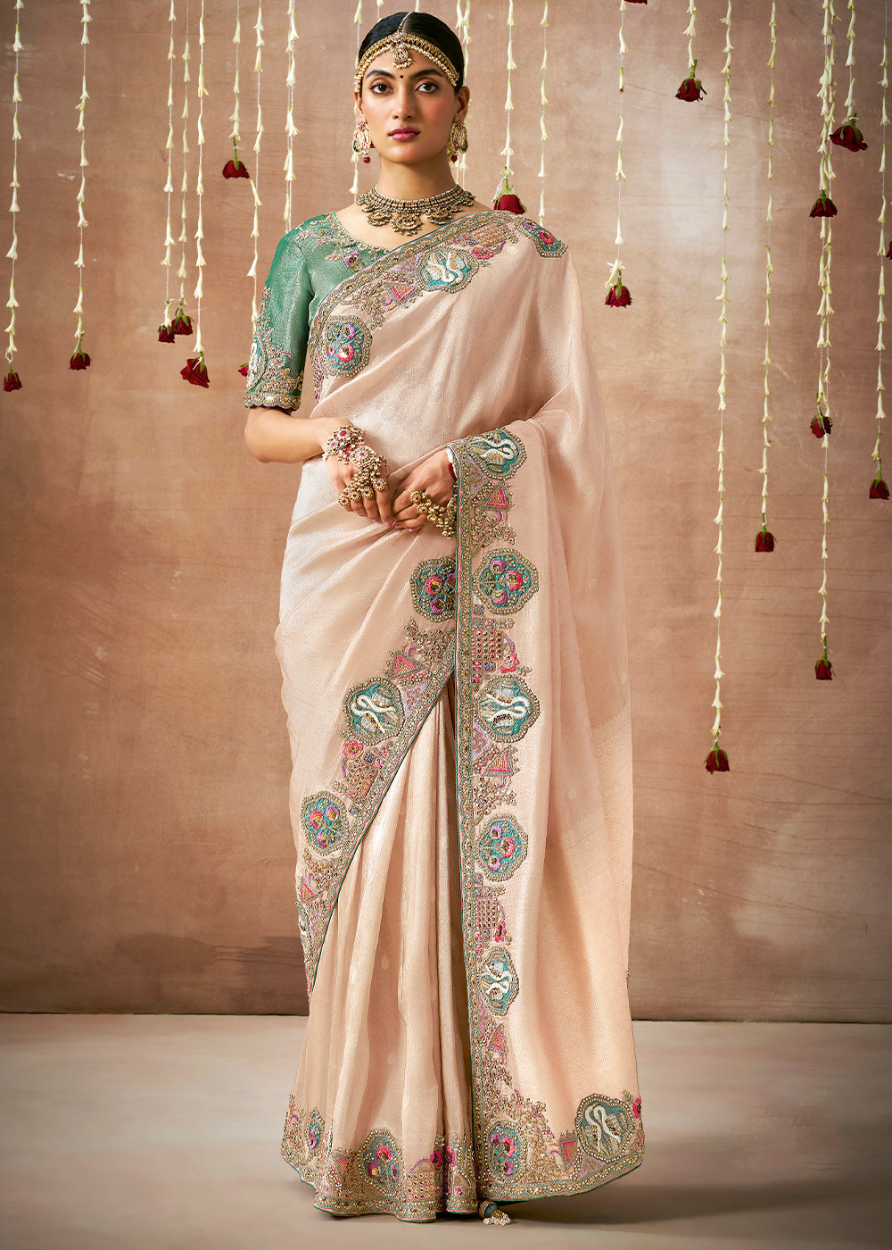Pale Peach Pink Zari Woven Tissue Dola Silk Saree having Sequence, Pearl, Mirror & Thread Work: Festival Edition - qivii