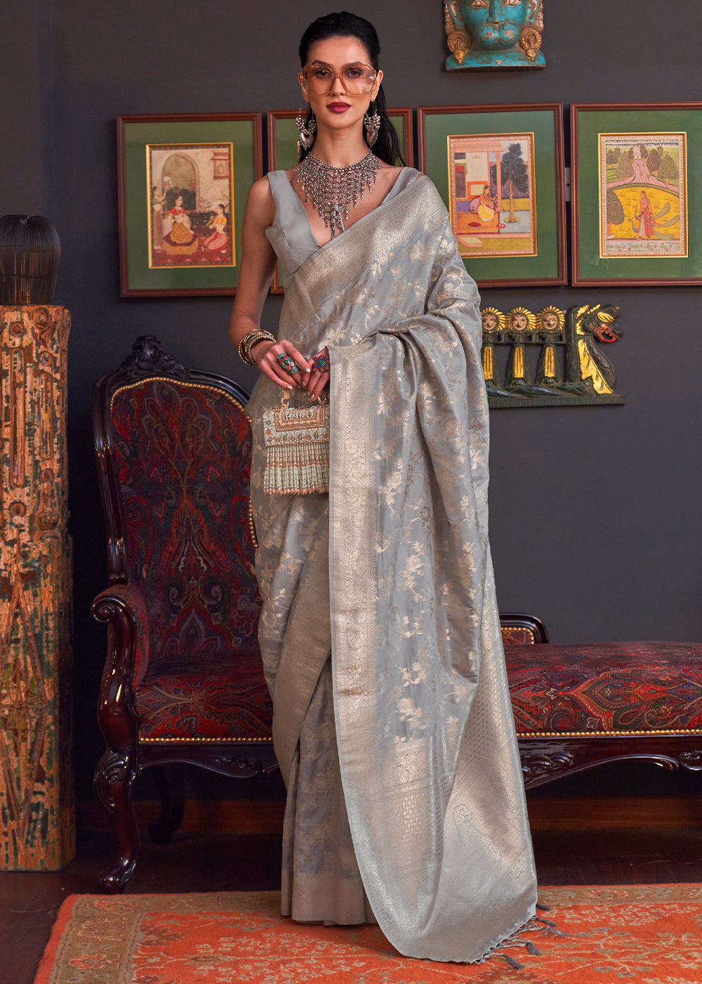 Oxford Grey Zari Woven Banarasi Katan Silk Saree - qivii