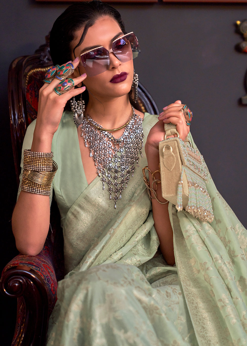 Pastel Green Zari Woven Banarasi Katan Silk Saree - qivii
