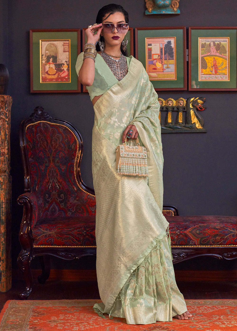 Pastel Green Zari Woven Banarasi Katan Silk Saree - qivii