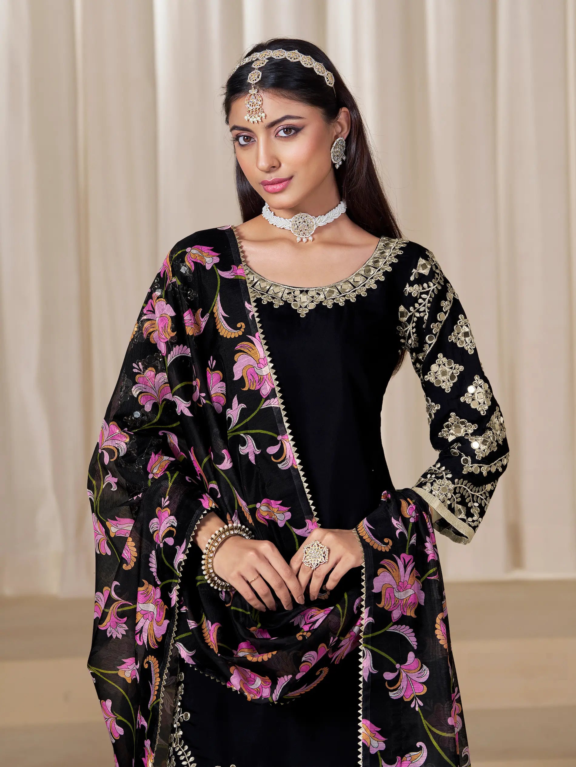 Black Roman Silk Embroidery Work Salwar Suit - qivii