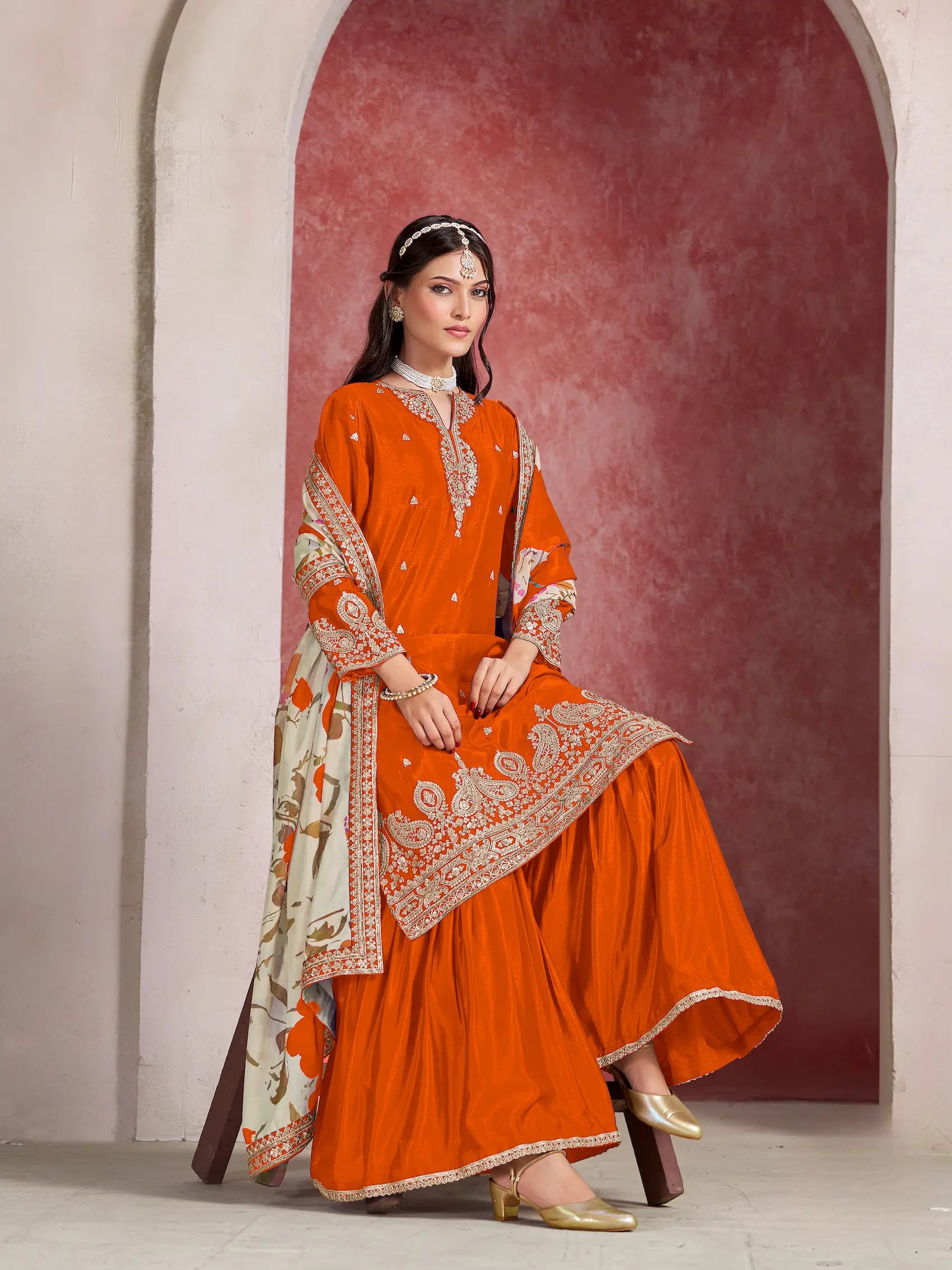 Orange Chinon Embroidery Salwar suit With Organza Dupatta - qivii