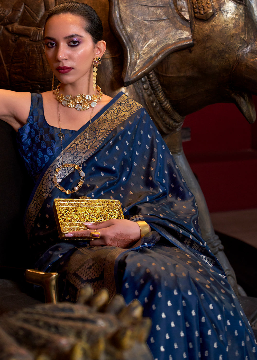 Midnight Blue Handloom Woven Satin Silk Saree - qivii