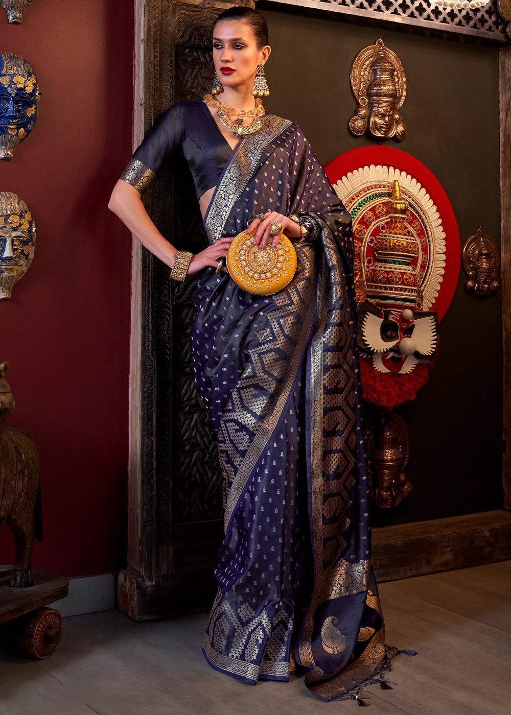 Denim Blue Handloom Woven Satin Silk Saree - qivii