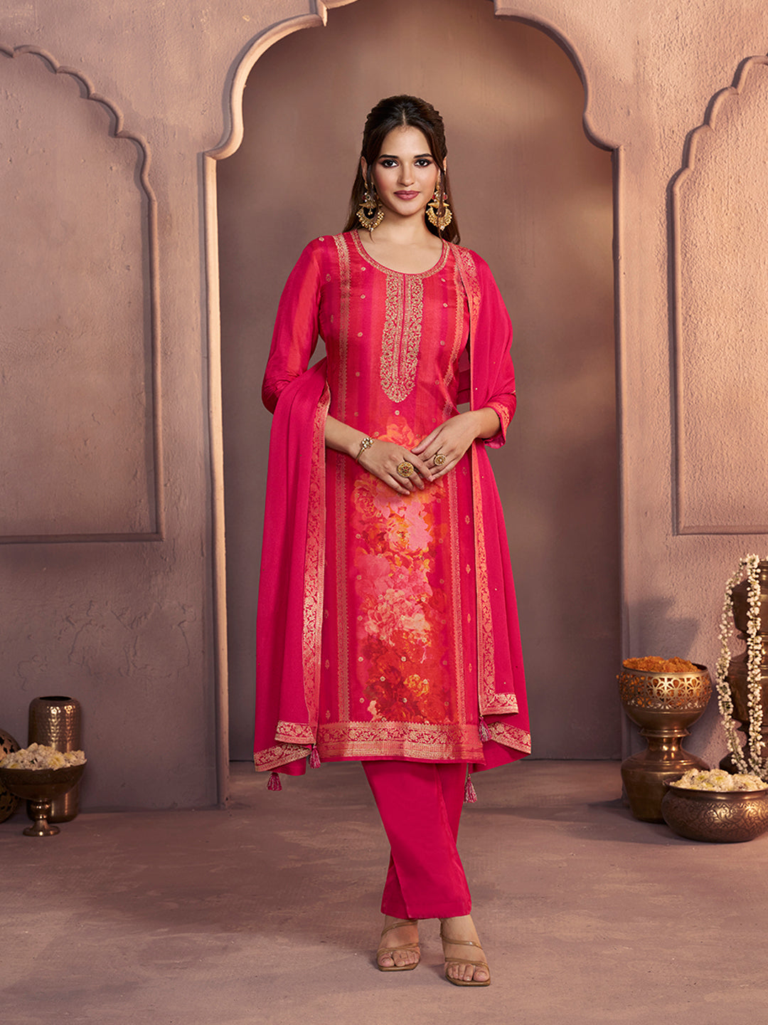 Amaranth Pink Premium Dola Silk Suit with Ethnic Motifs & Jacquard Accents