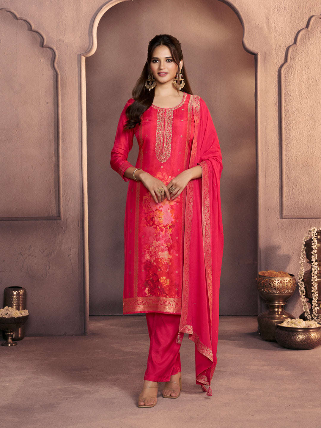 Amaranth Pink Premium Dola Silk Suit with Ethnic Motifs & Jacquard Accents