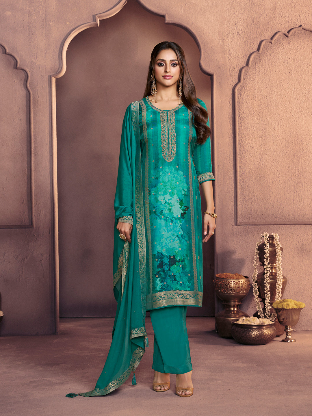 Bondi Blue Premium Dola Silk Suit with Ethnic Motifs & Jacquard Accents