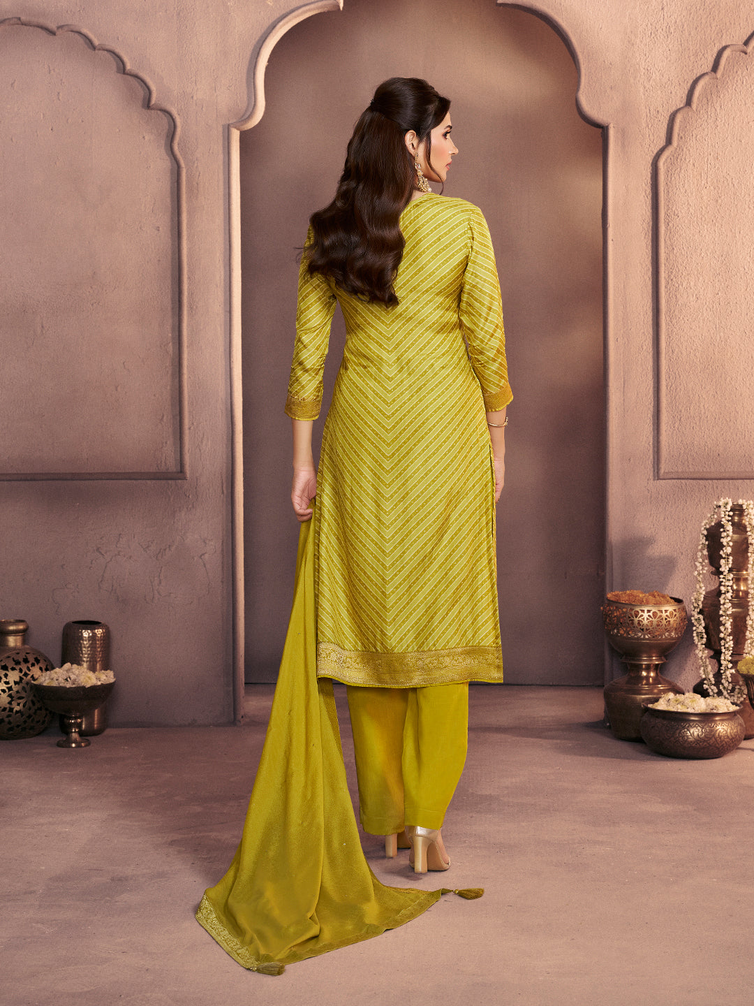 Mustard Yellow Premium Dola Silk Suit with Ethnic Motifs & Jacquard Detailing