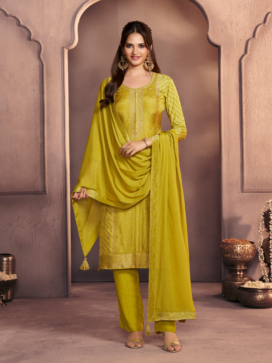 Mustard Yellow Premium Dola Silk Suit with Ethnic Motifs & Jacquard Detailing