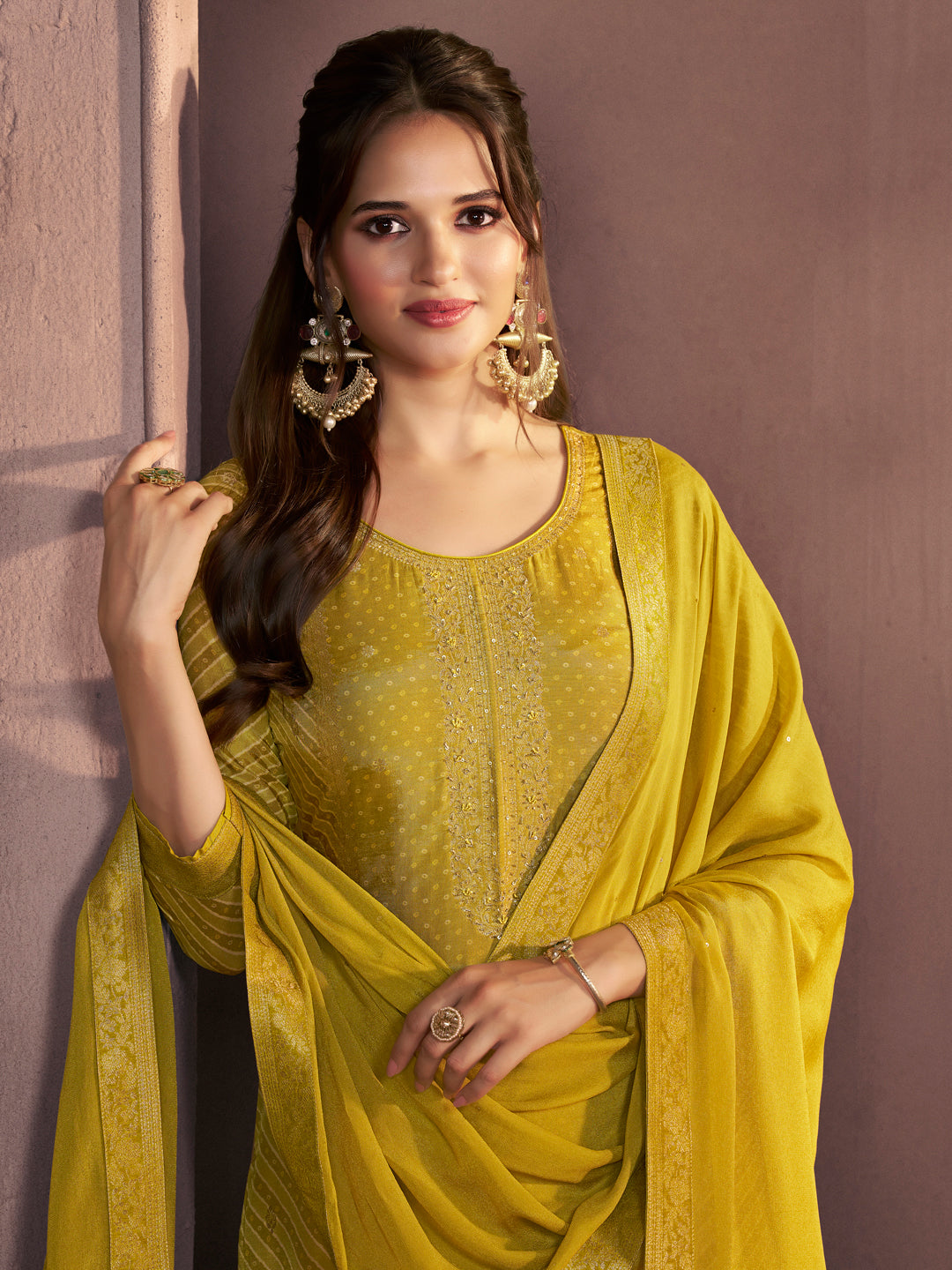 Mustard Yellow Premium Dola Silk Suit with Ethnic Motifs & Jacquard Detailing