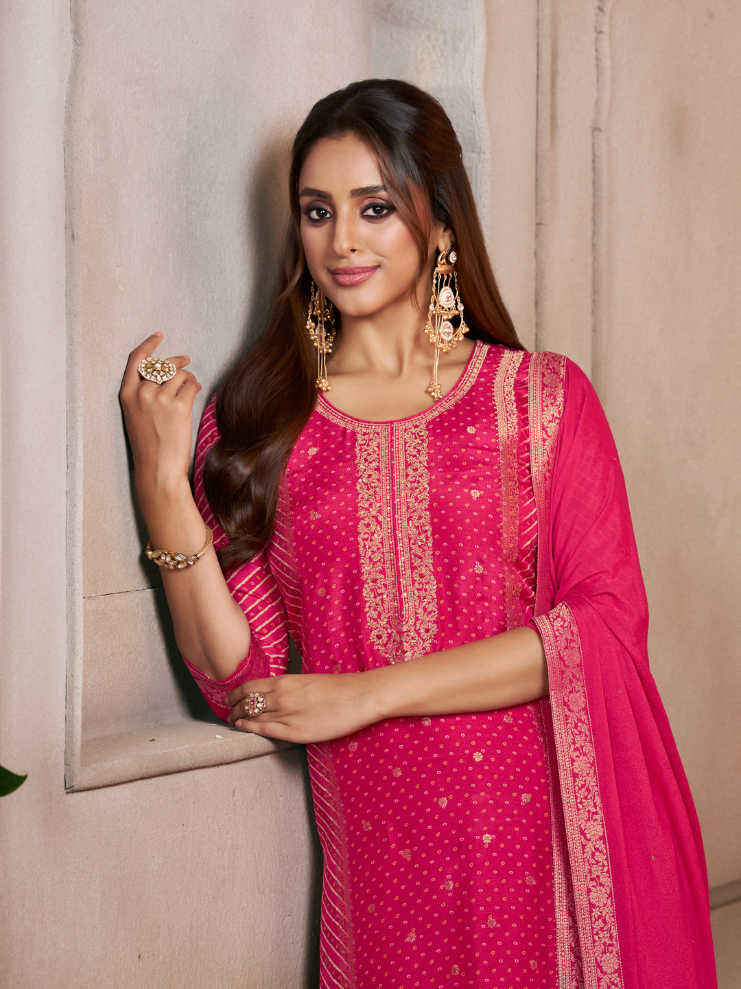 Crimson Pink Premium Dola Silk Suit with Ethnic Motifs & Jacquard Detailing